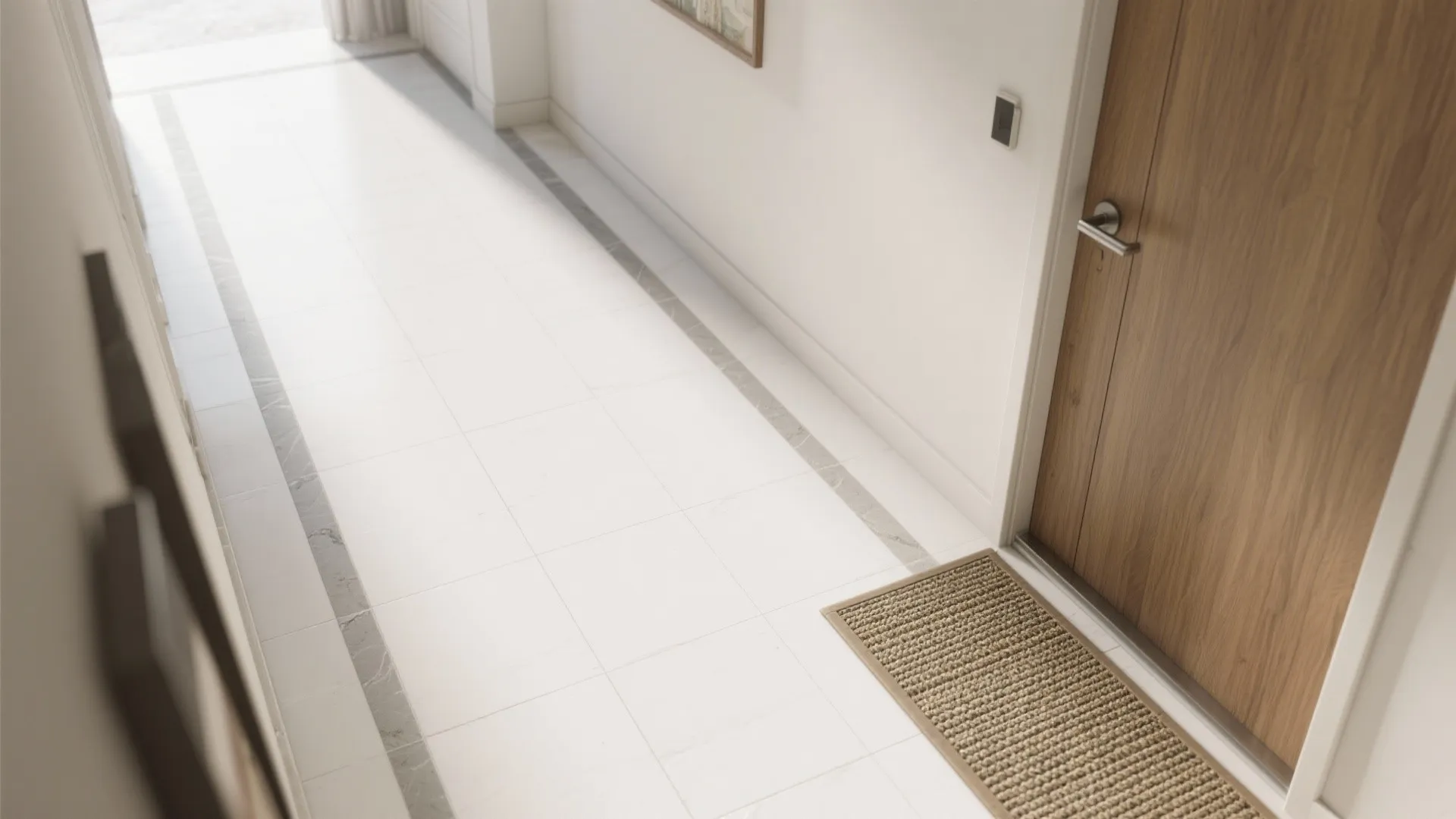 High angle view of a narrow hallway with white floor tiles wooden door and woven rug