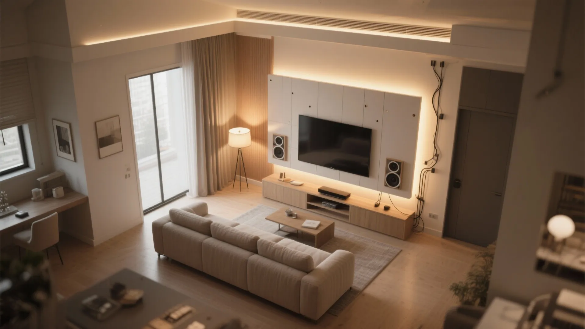 High angle view of a modern living room featuring beige sofa wood table and television