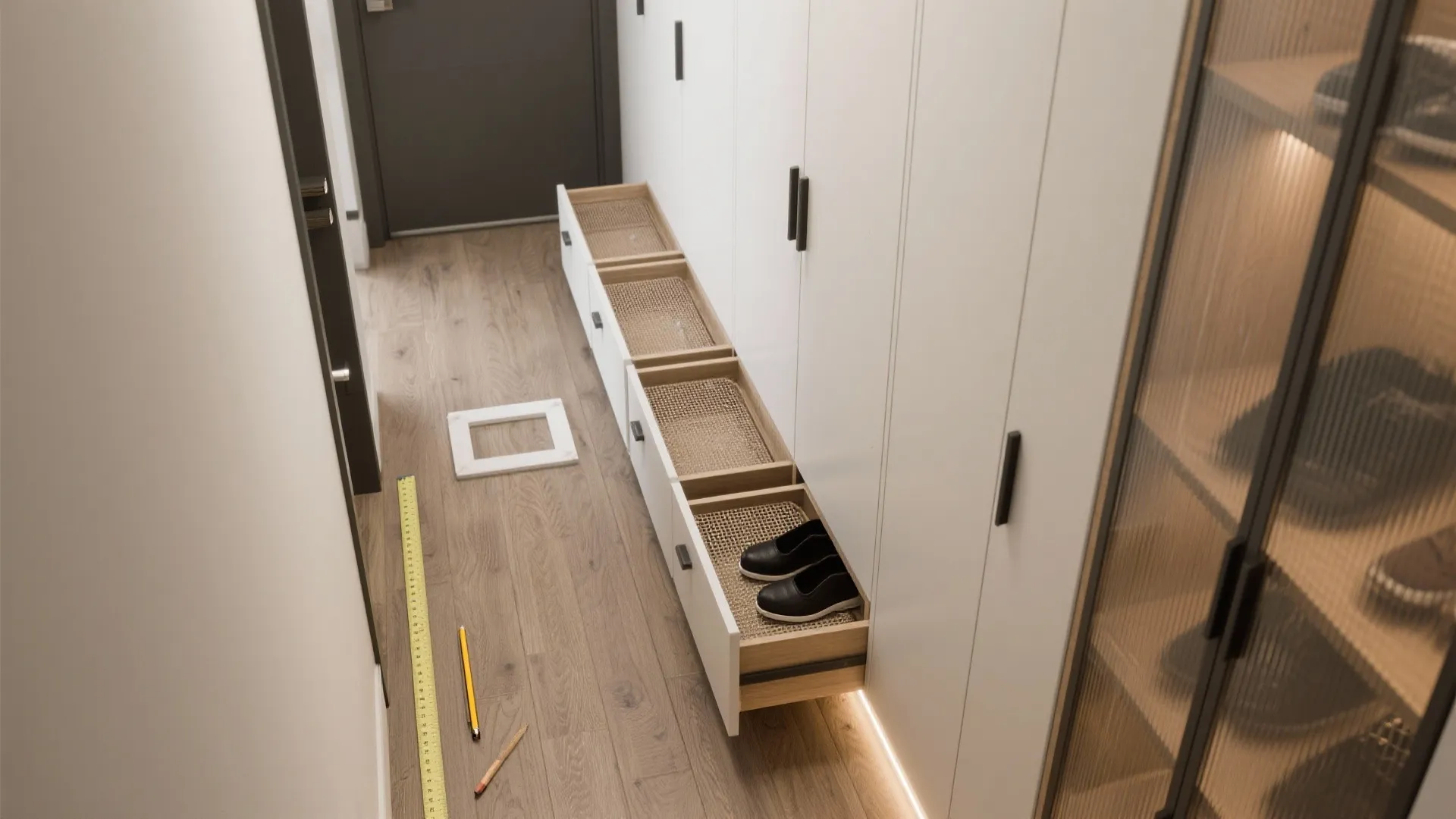 Top down view of open shoe drawers with measuring tape and pencil on wooden floor