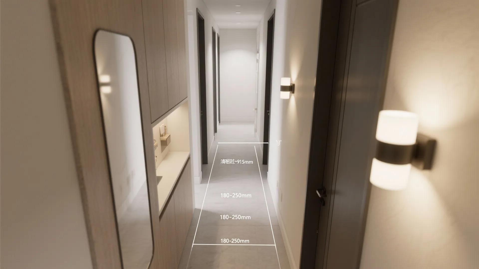 Modern hallway interior design showing a wooden cabinet with mirror and two warm wall lights