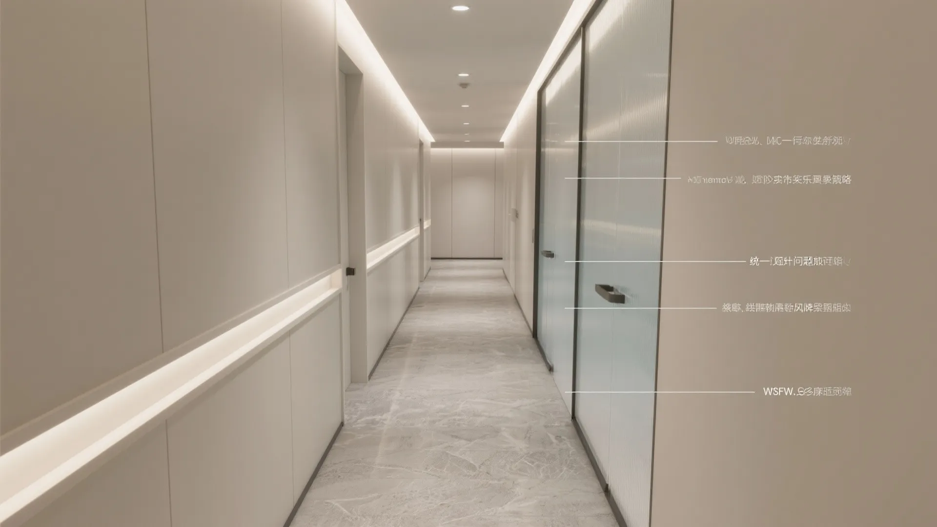 Long white hallway showing recessed wall lighting stone floor glass doors and labels for design