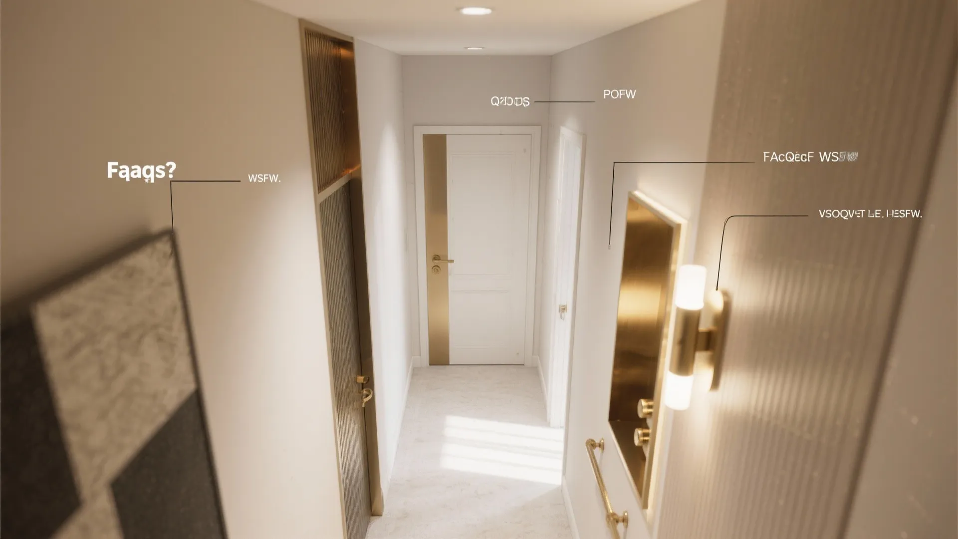 Modern hallway interior design drawing with white doors gold handle wall light and light grey carpet