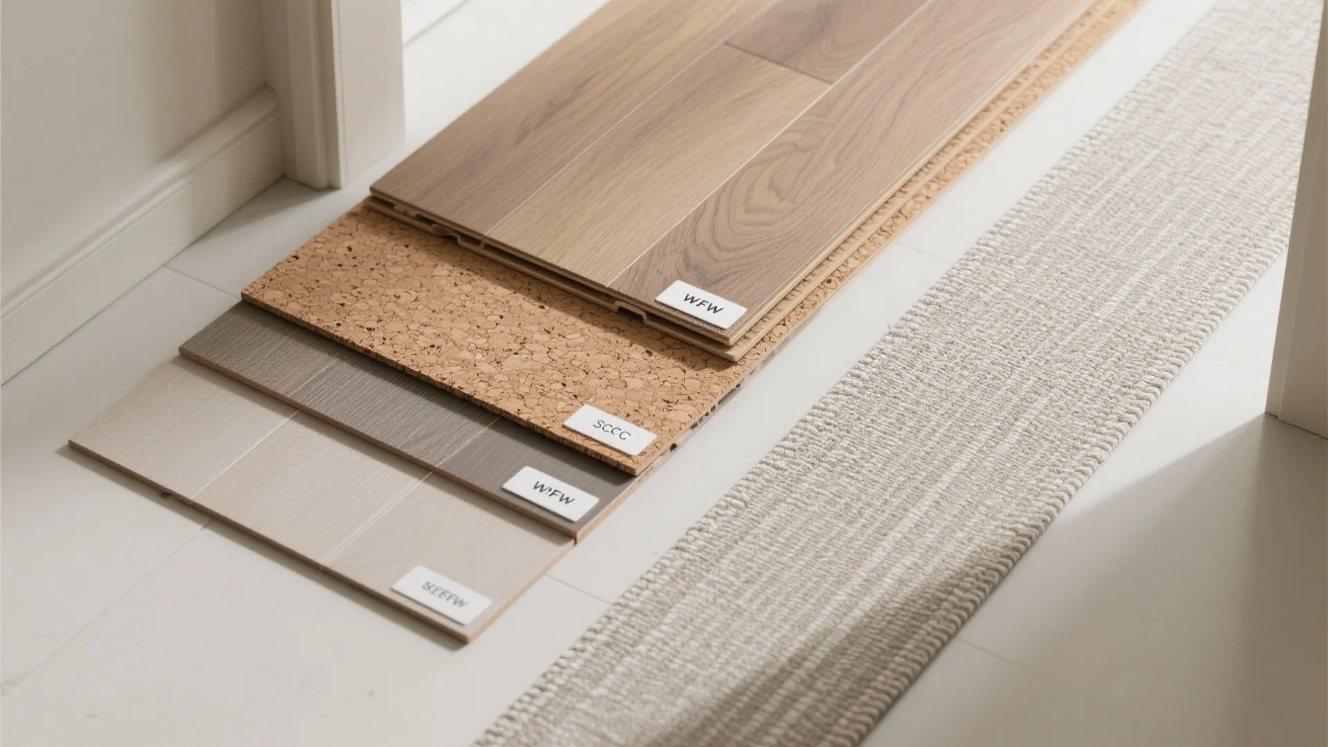 Flatlay of SPC and engineered wood samples with cork underlay and a washable runner fabric.