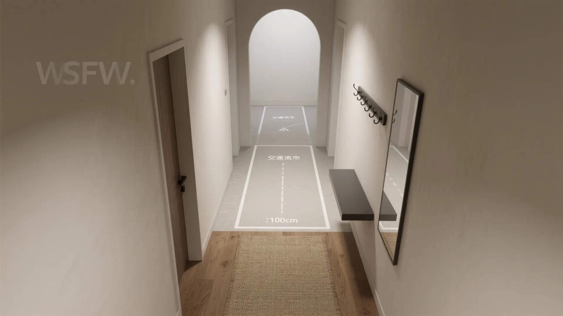 Modern hallway interior design showing wooden floor rug and arched doorway with floor dimension labels