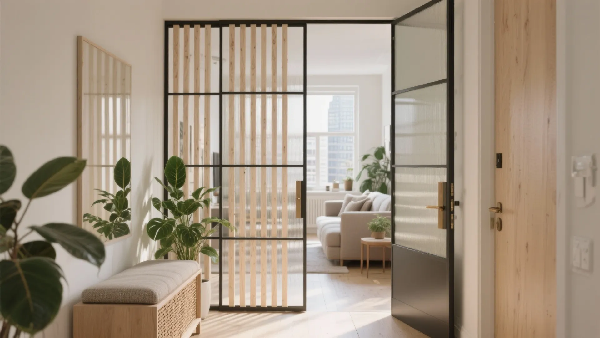 Bright entry area with glass sliding doors leading to a living room with grey sofa