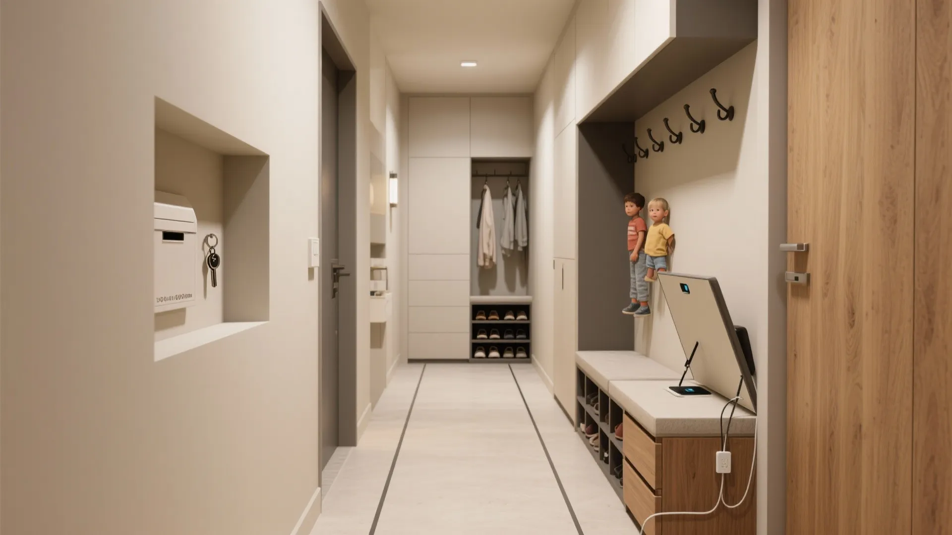 Modern hallway entrance with built in cabinet storage shoe rack wall hooks and small seating bench