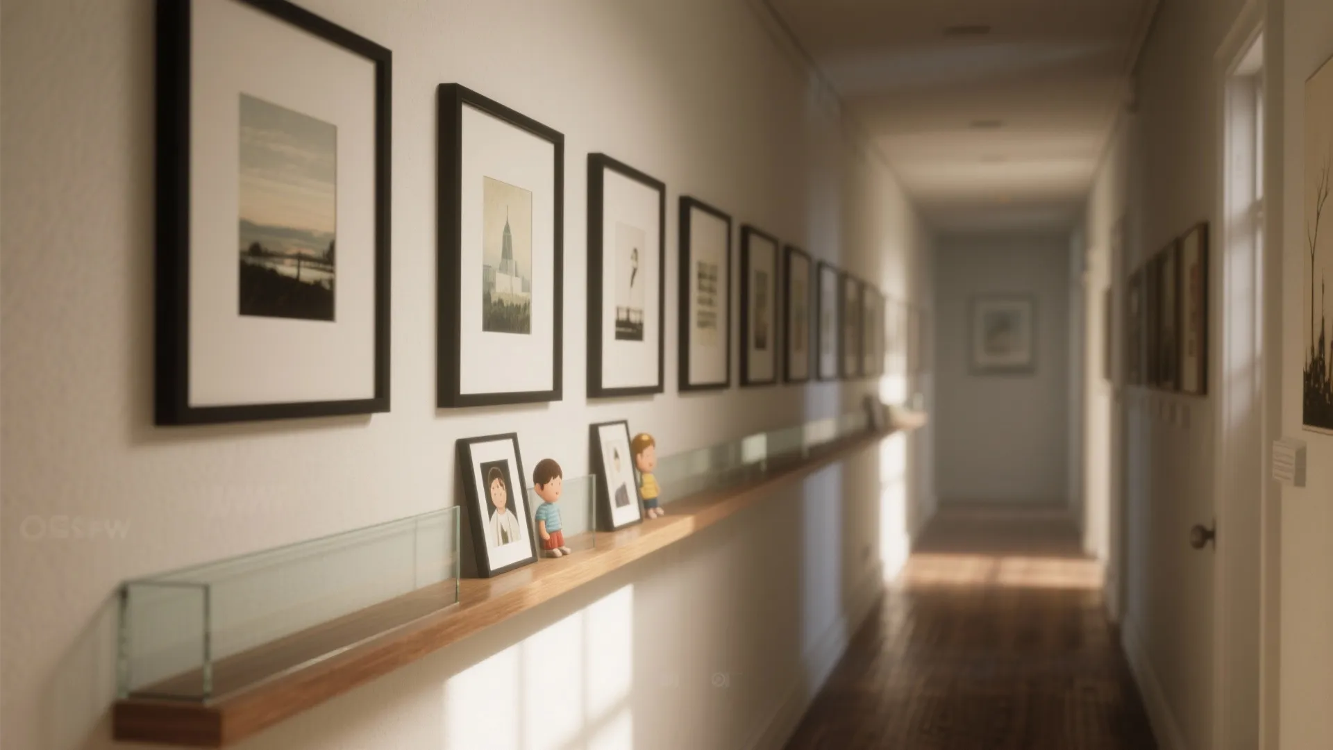 Long hallway gallery wall with black picture frames and a wooden shelf displaying small figures
