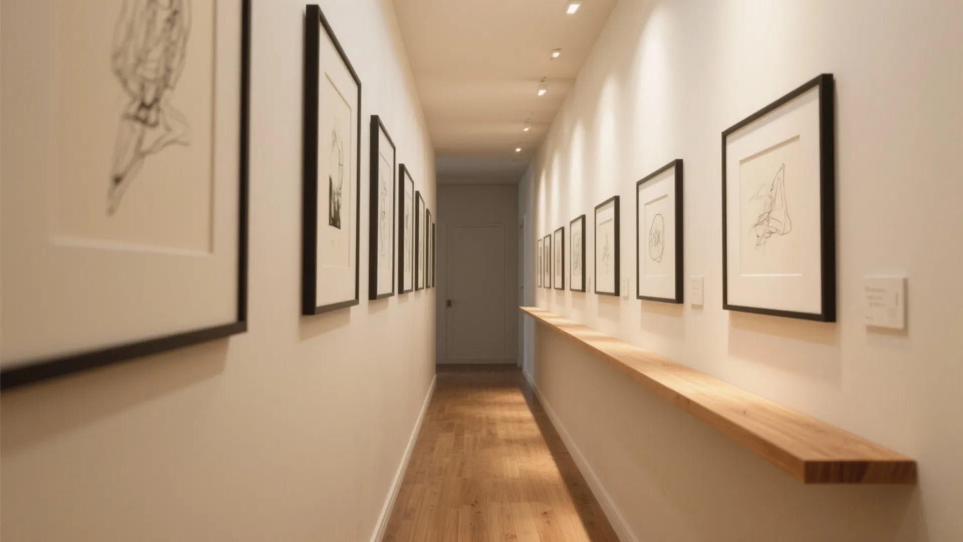 Long narrow hallway with wood floor white walls framed wall art and a wooden shelf