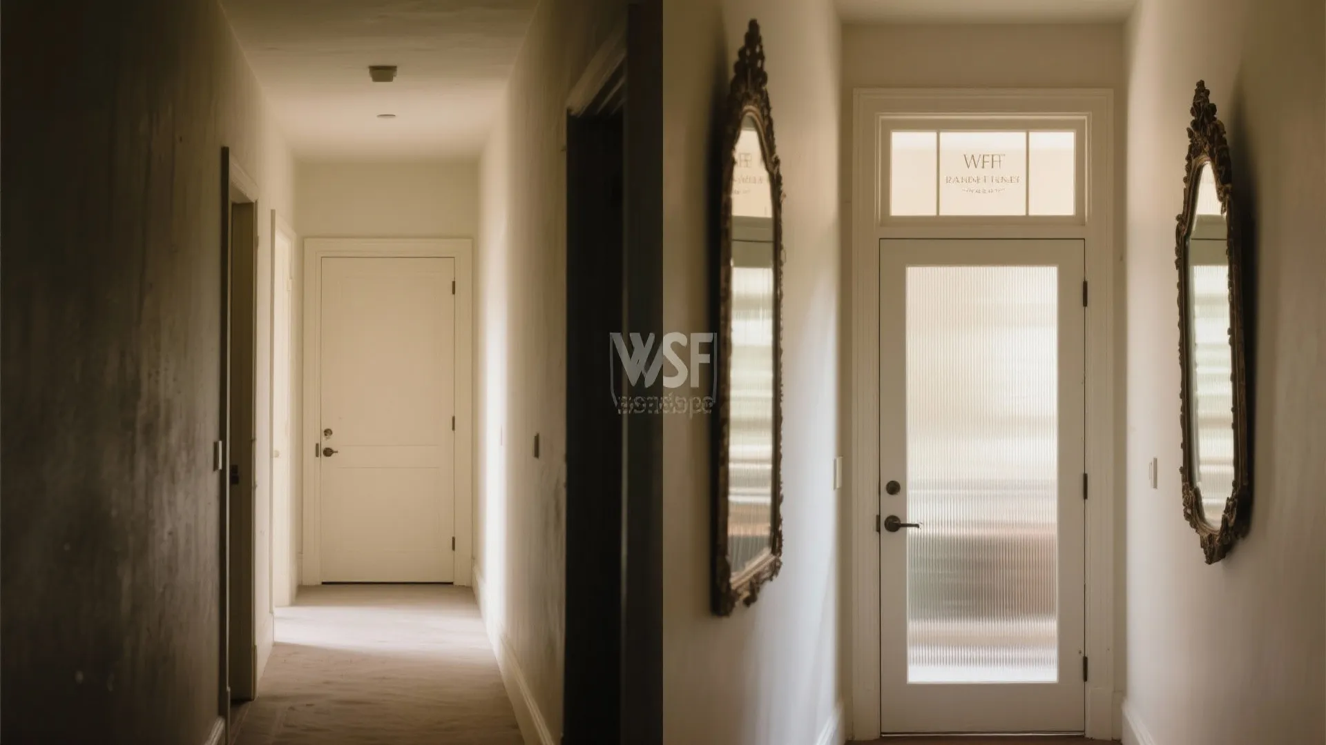Before and after comparison of a solid white door versus a glass door with mirror