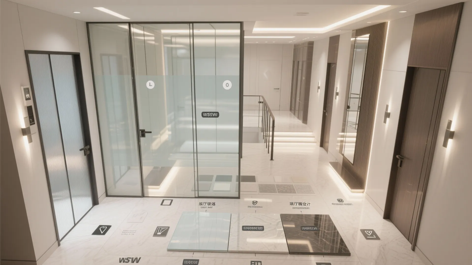 Interior design drawing showing various glass door options and floor material samples for a hallway