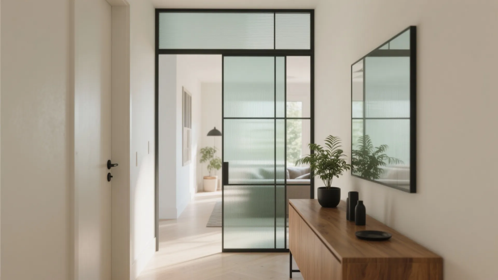 Modern hallway featuring black metal glass sliding door wooden cabinet mirror green plant and white