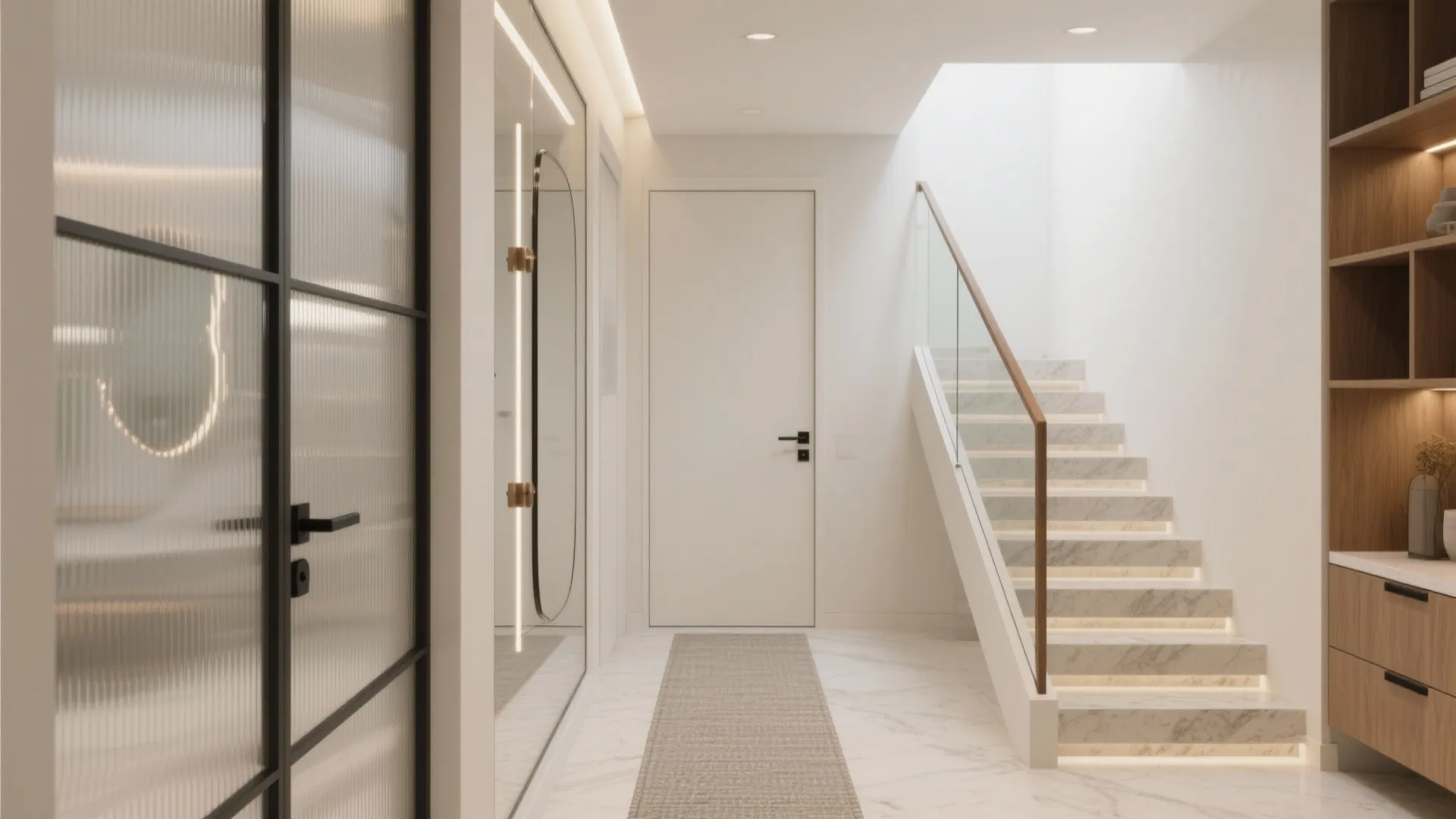 Bright home entrance showing marble stairs glass railing wooden shelves and a frosted glass door