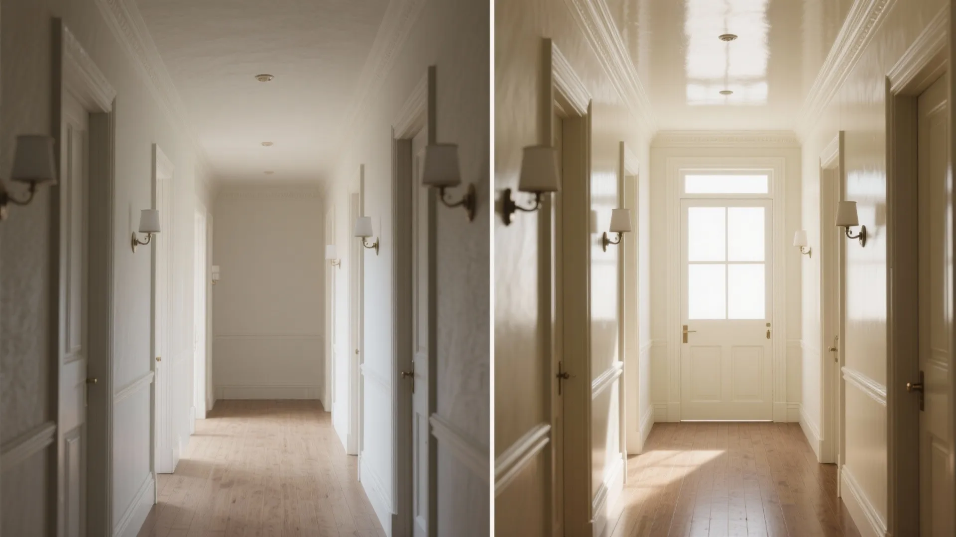 Before and after comparison of a dark hallway updated with high gloss white paint and lighting