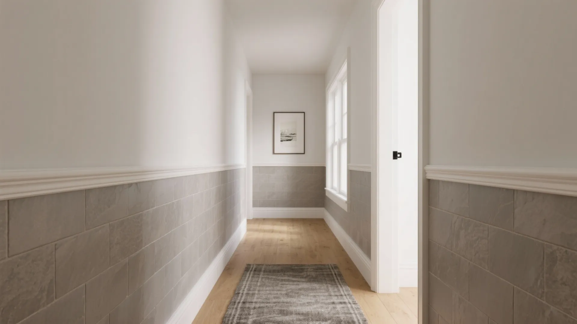 Modern hallway with white upper walls gray wall panels wooden flooring gray rug and light