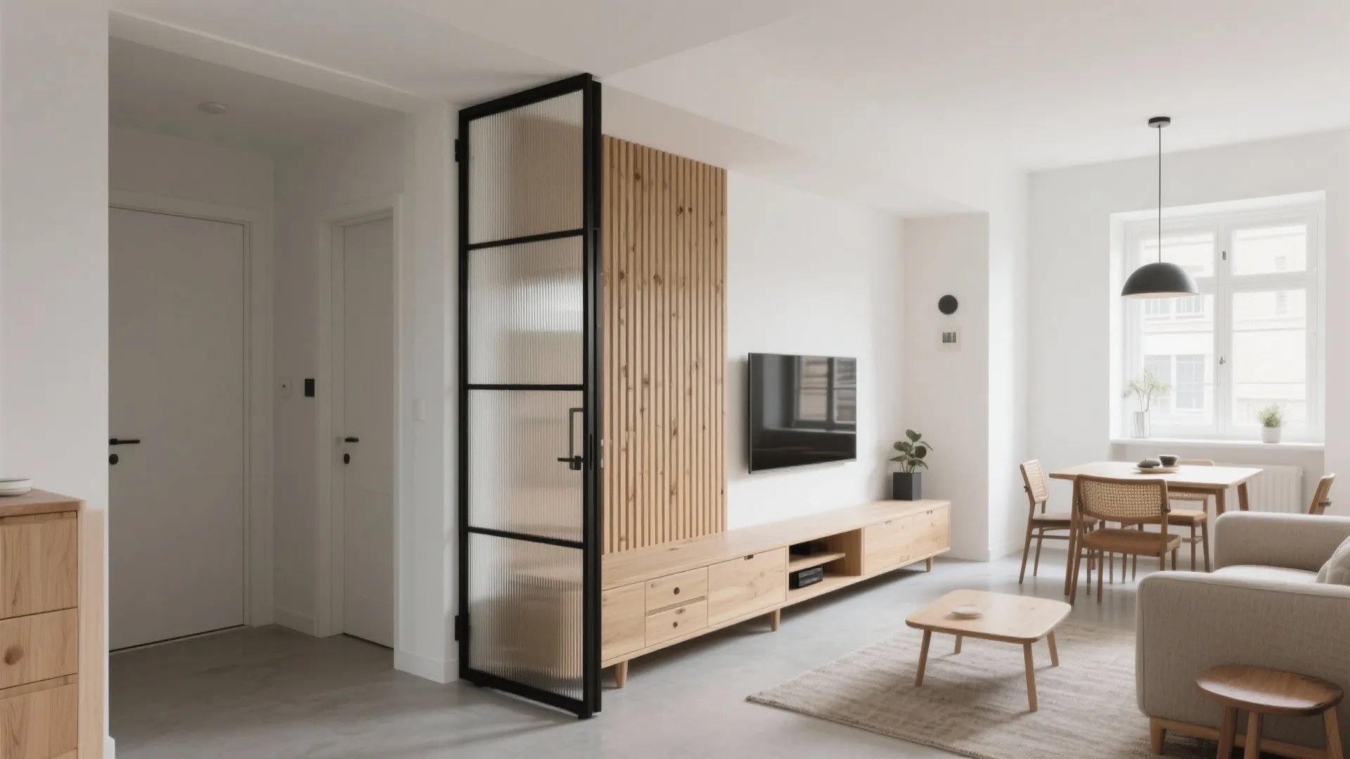 Modern open living area featuring wood wall panel behind television and glass door room divider