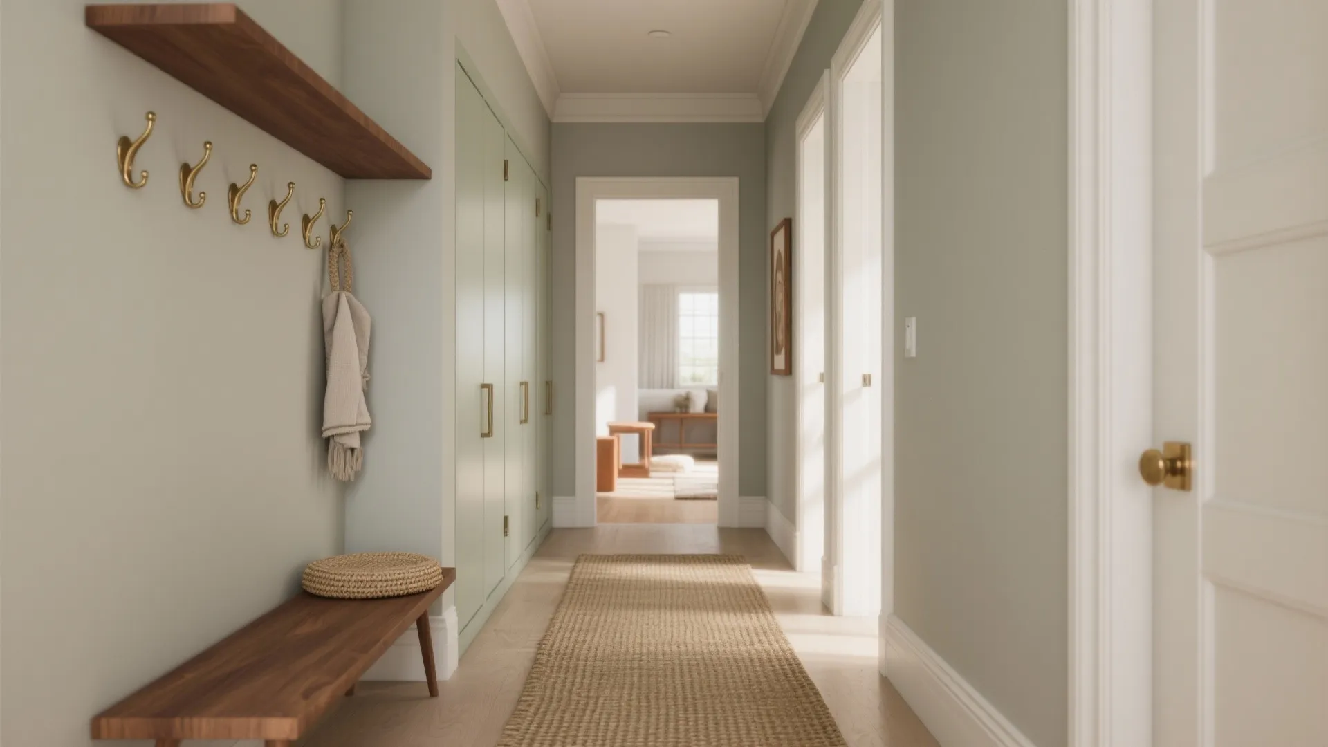 Light green hallway featuring wooden bench with gold wall hooks and matching green storage cabinet