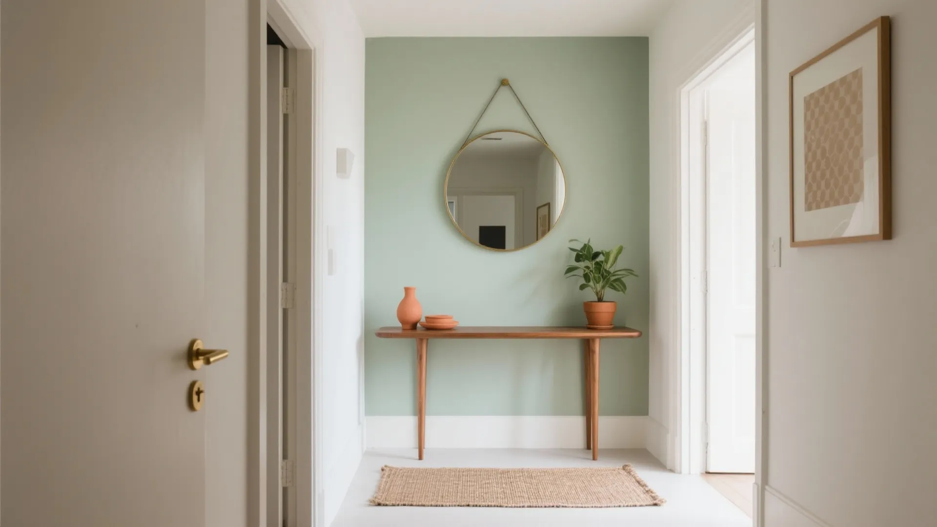 Modern entryway featuring a light green accent wall round mirror wooden table and a plant