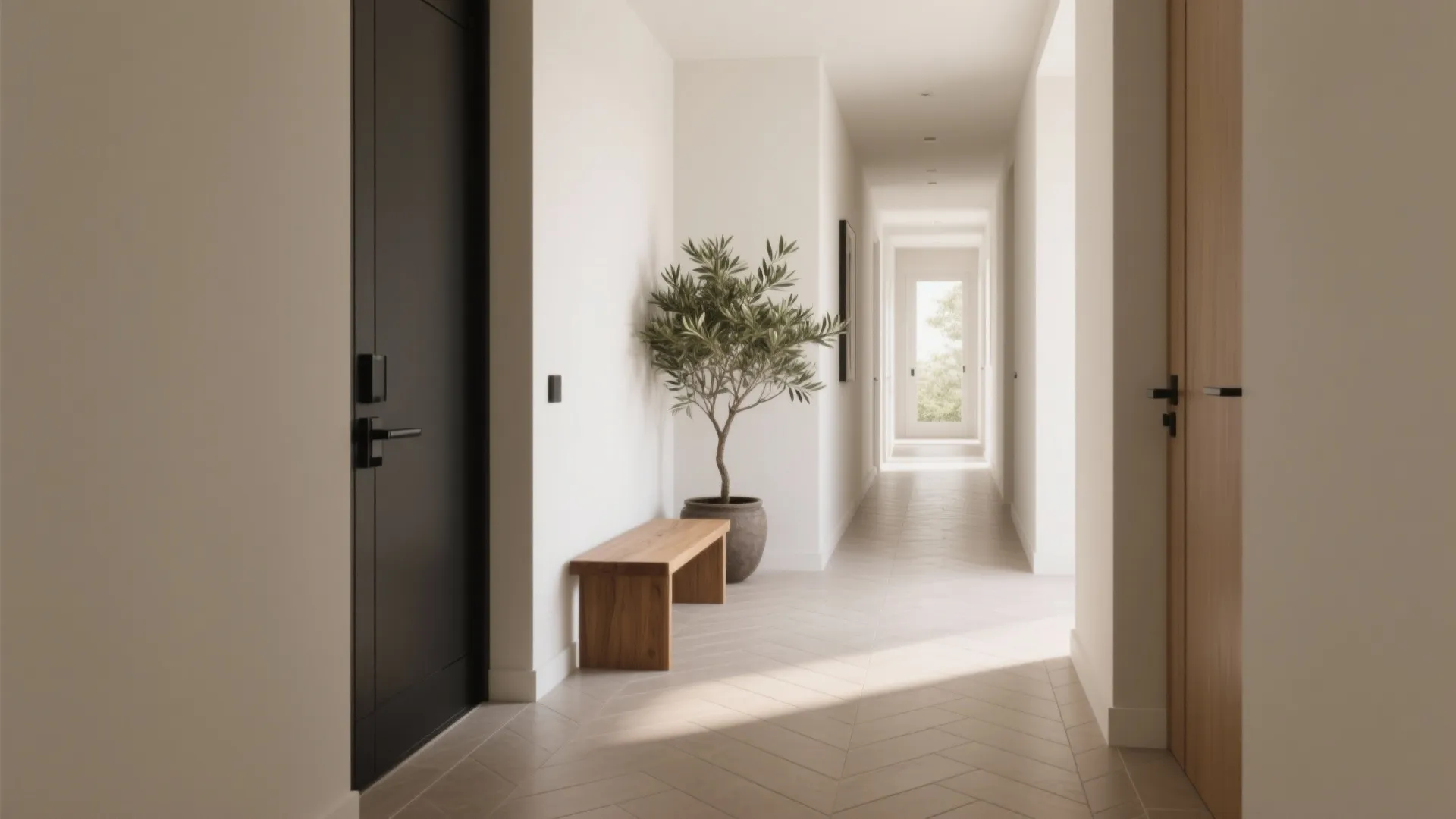 Modern white hallway with black door wooden bench green potted plant and bright window view