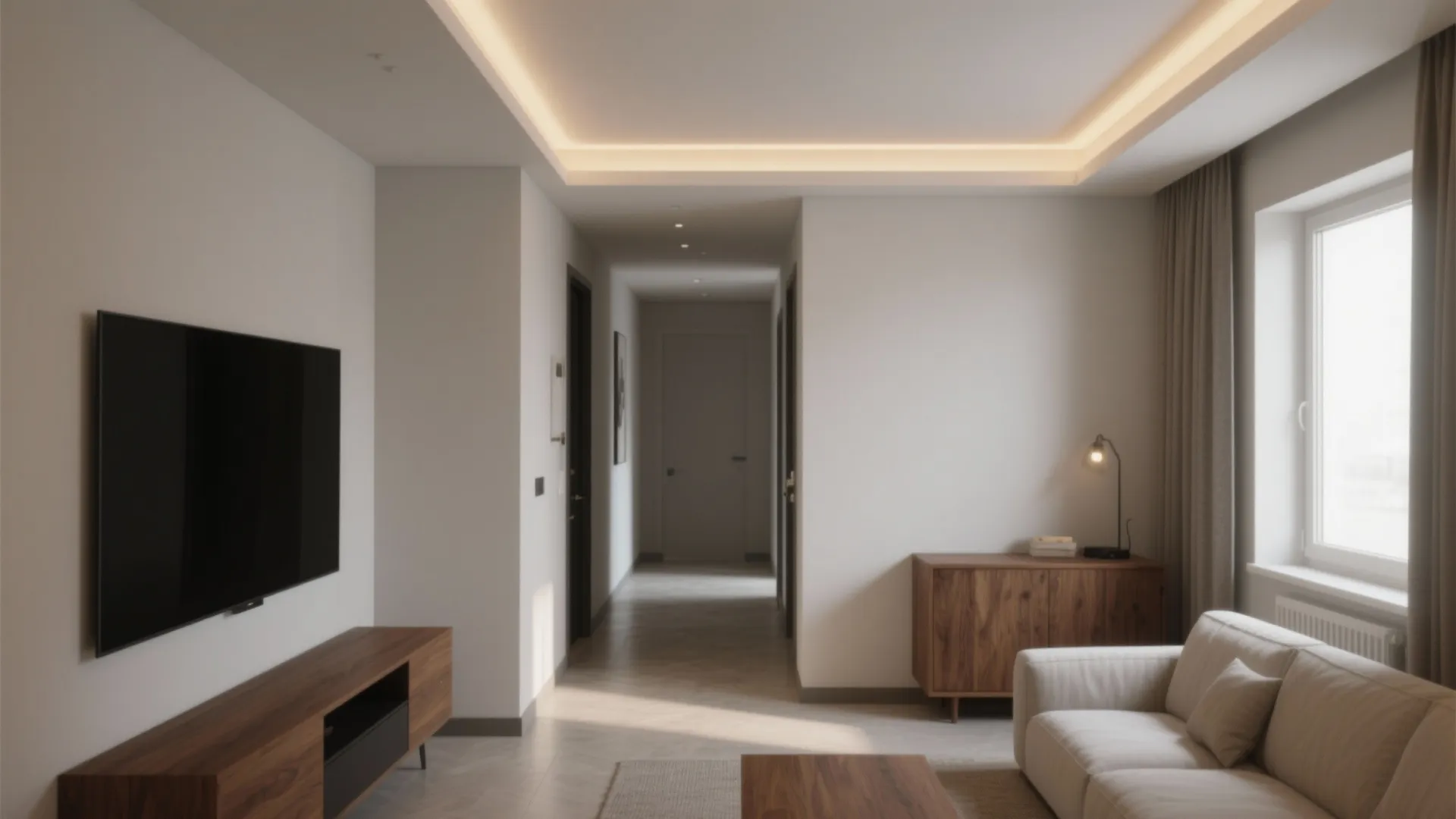 Modern living room with white sofa wooden cabinet television stand warm ceiling lights and long hallway