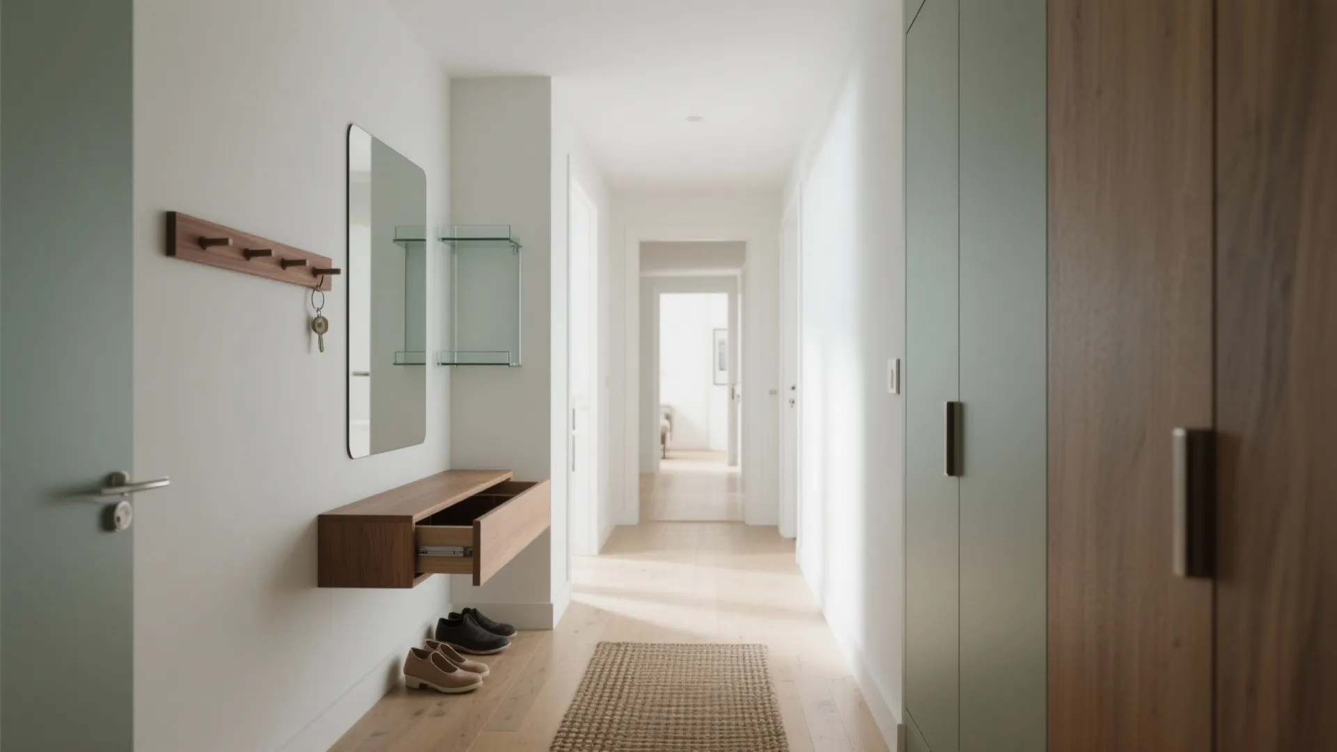 Modern hallway with white walls wooden floors floating cabinet mirror coat rack and green cabinets