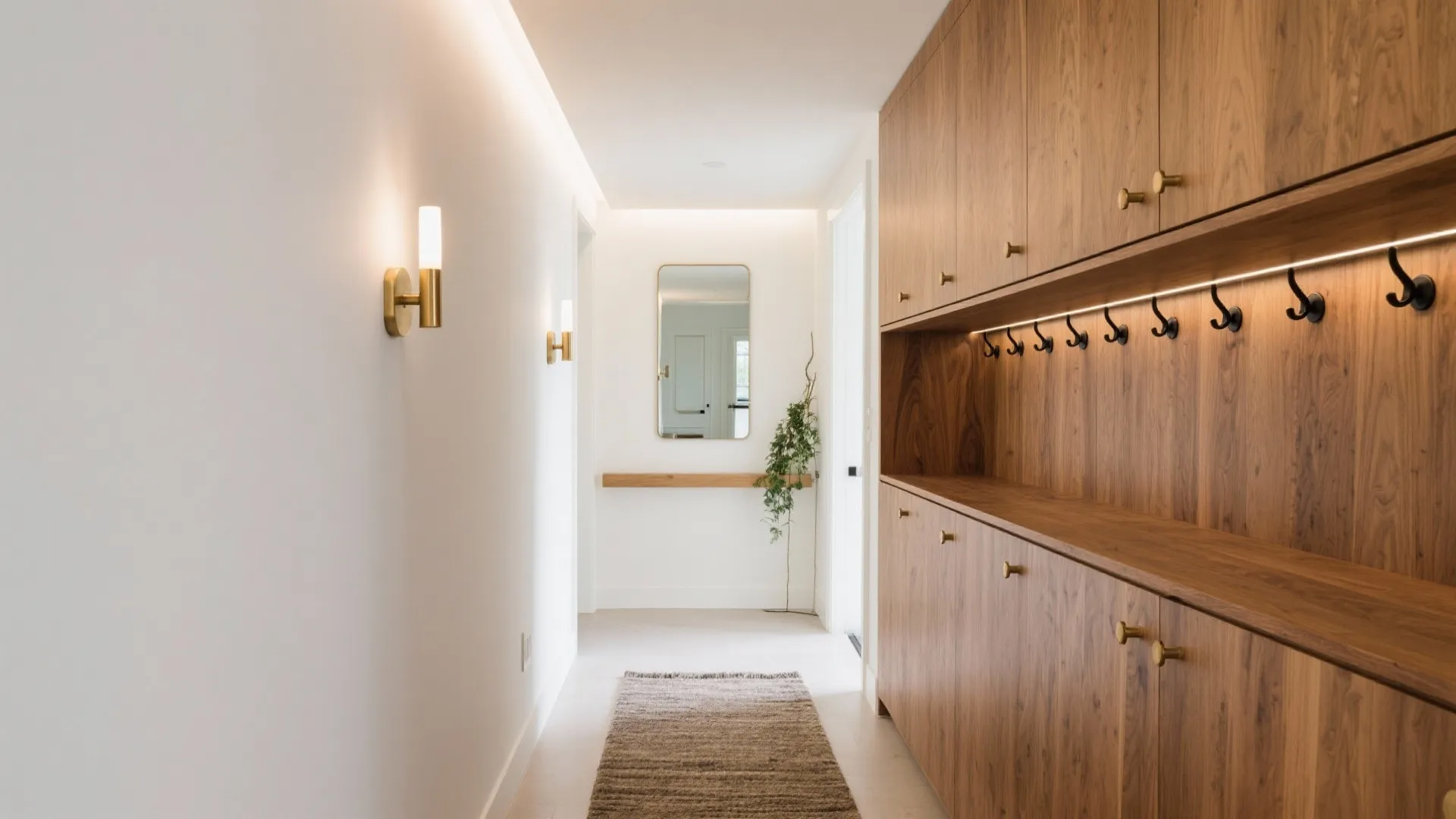 Modern hallway featuring large wooden storage cabinet with black hooks wall lights and small rug