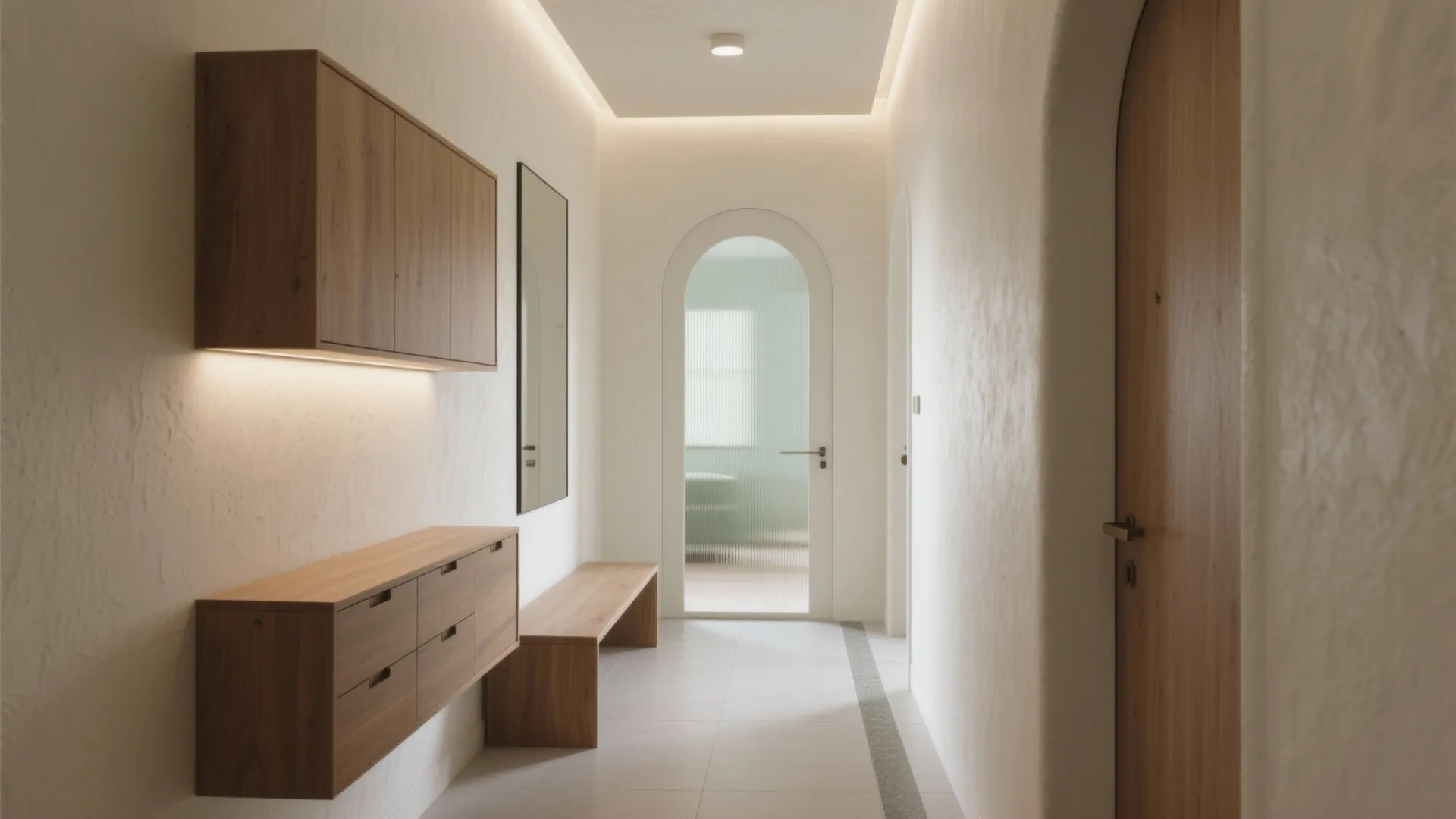 Minimalist entryway with wooden cabinet wall light arched glass door and clean white plaster walls