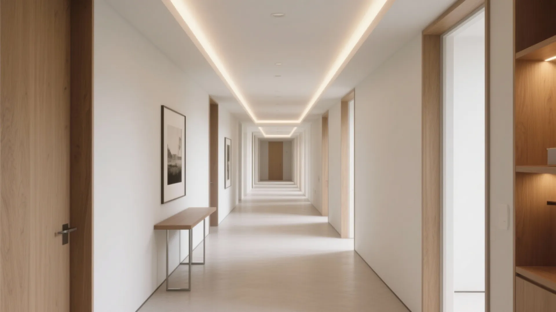 Long bright hallway with white walls wooden doors small table and warm hidden ceiling lights