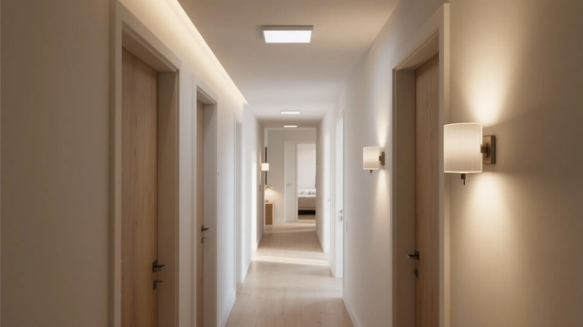 Modern corridor with wooden doors recessed ceiling lights and warm wall lights in white apartment