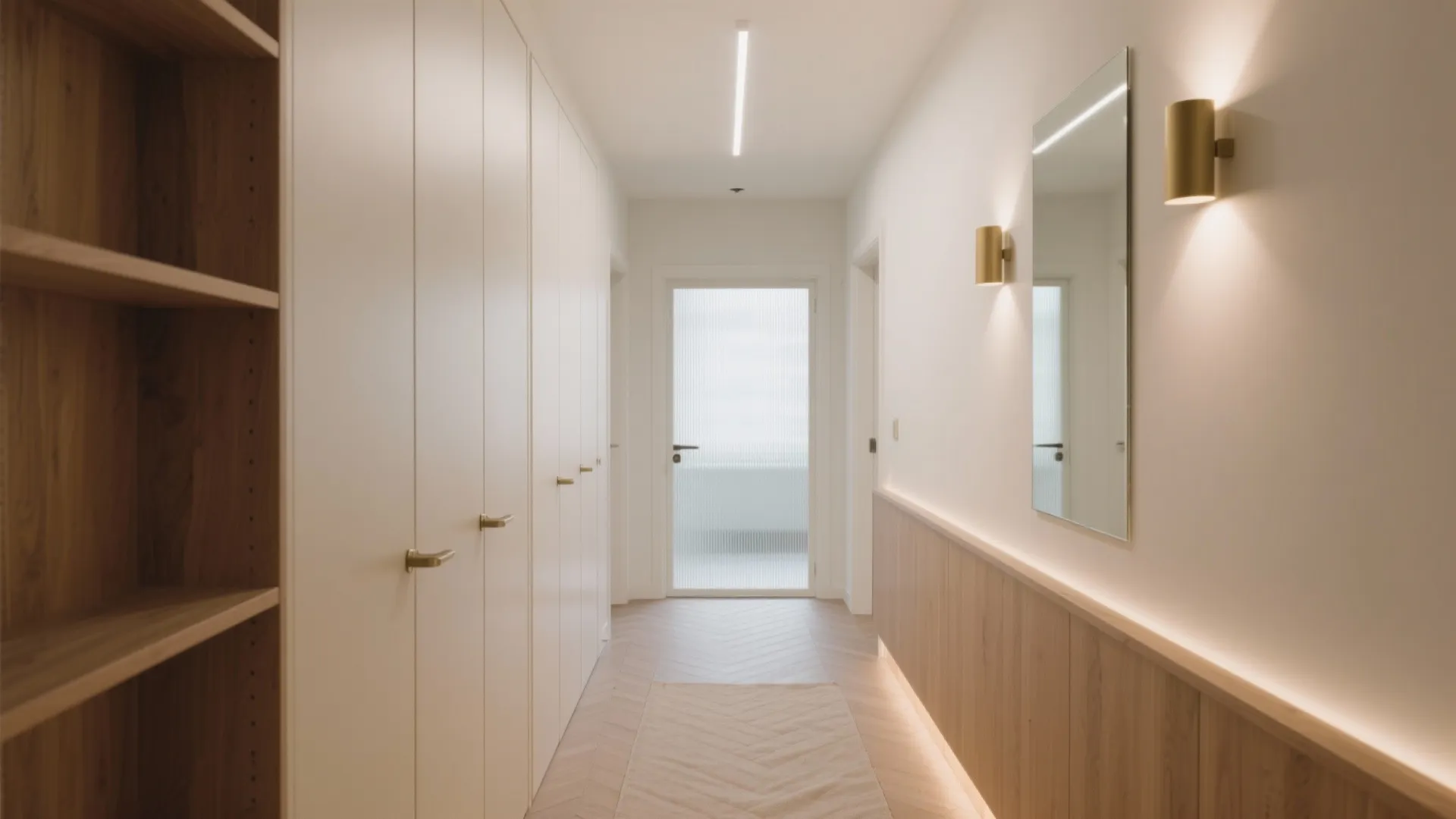 Bright hallway with white cabinets gold wall lights large mirror wooden panels and glass door