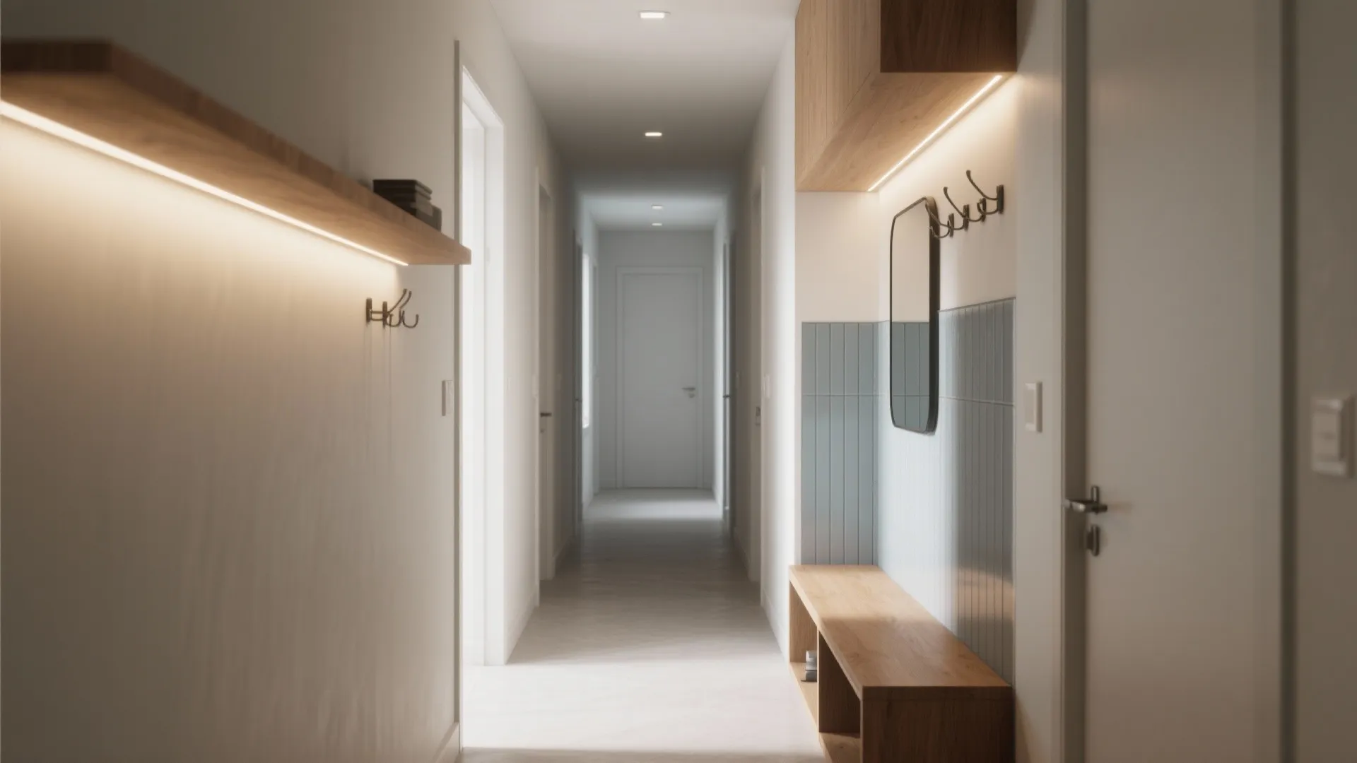Modern narrow hallway with white walls wooden bench blue wall tiles mirror and warm lighting