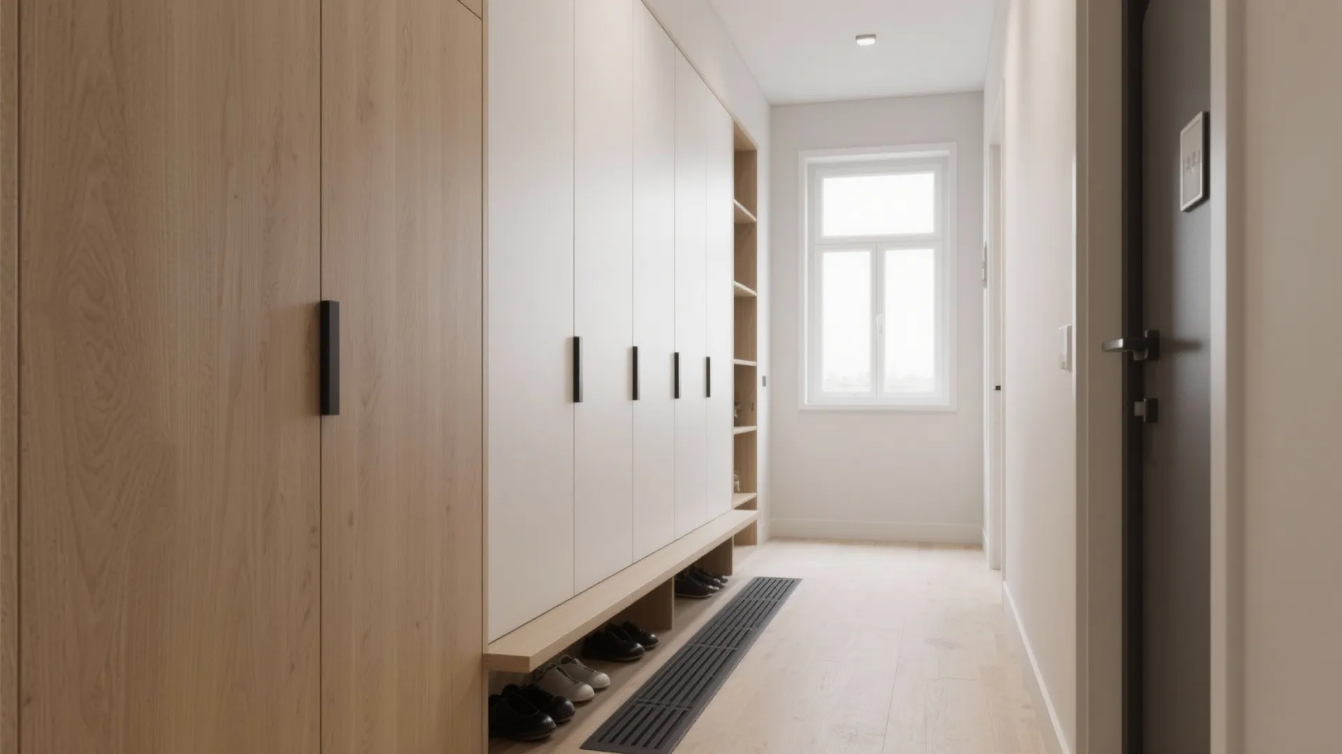 Modern entrance hallway with wood and white storage cabinet built in next to bright windows