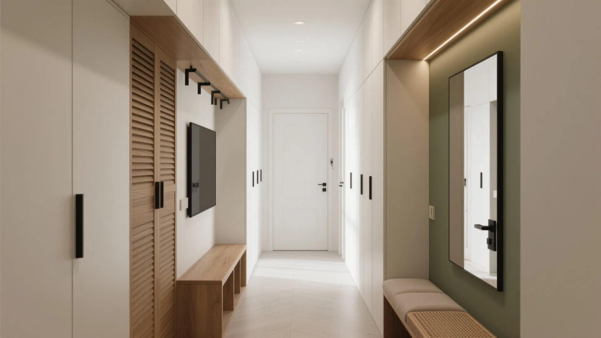 Bright white hallway interior with wood bench, storage cabinets, mirror, green wall, and white door
