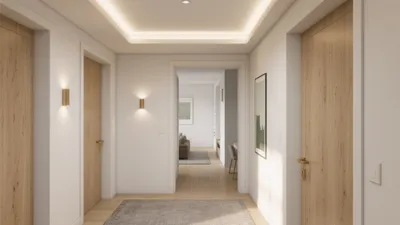 Modern Hallway Design with Warm Lighting and Wood Accent