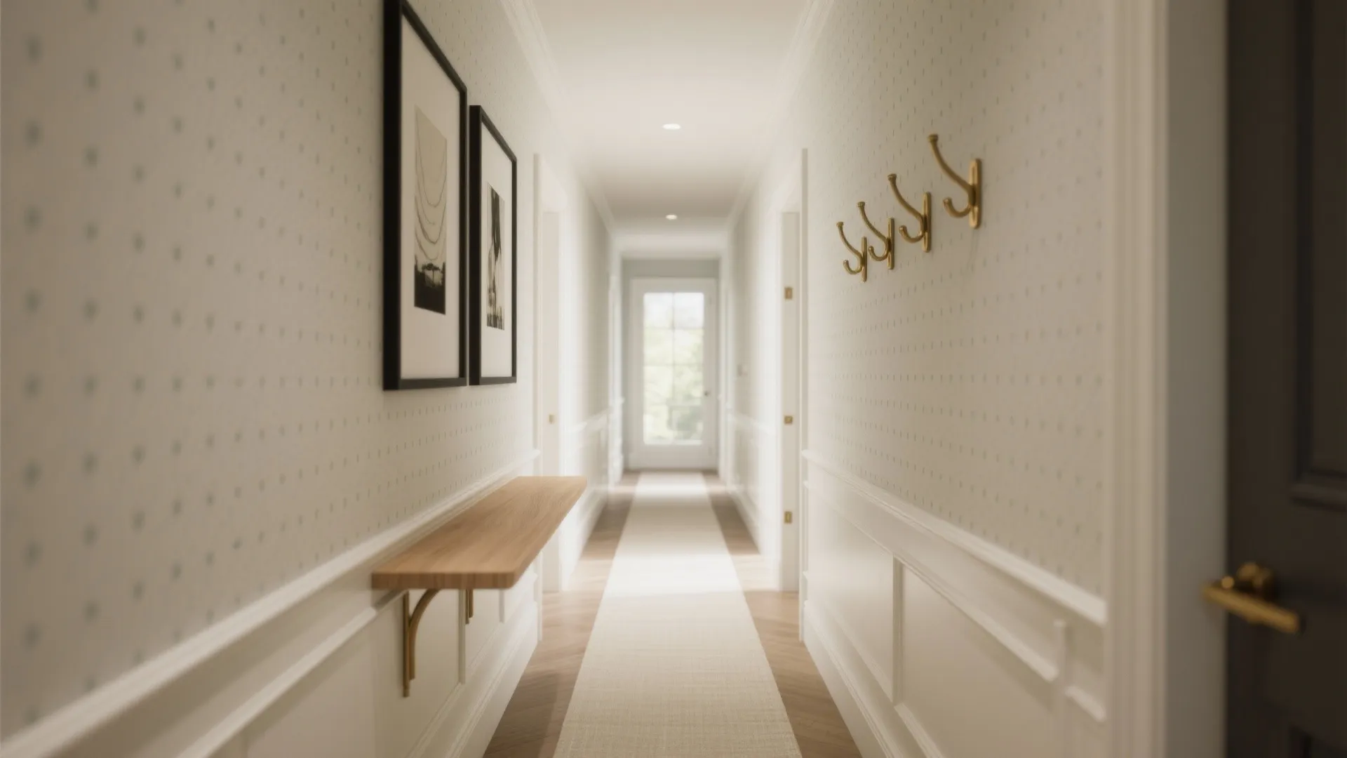 Long narrow hallway with white wall panels golden wall hooks wooden floating shelf and framed art