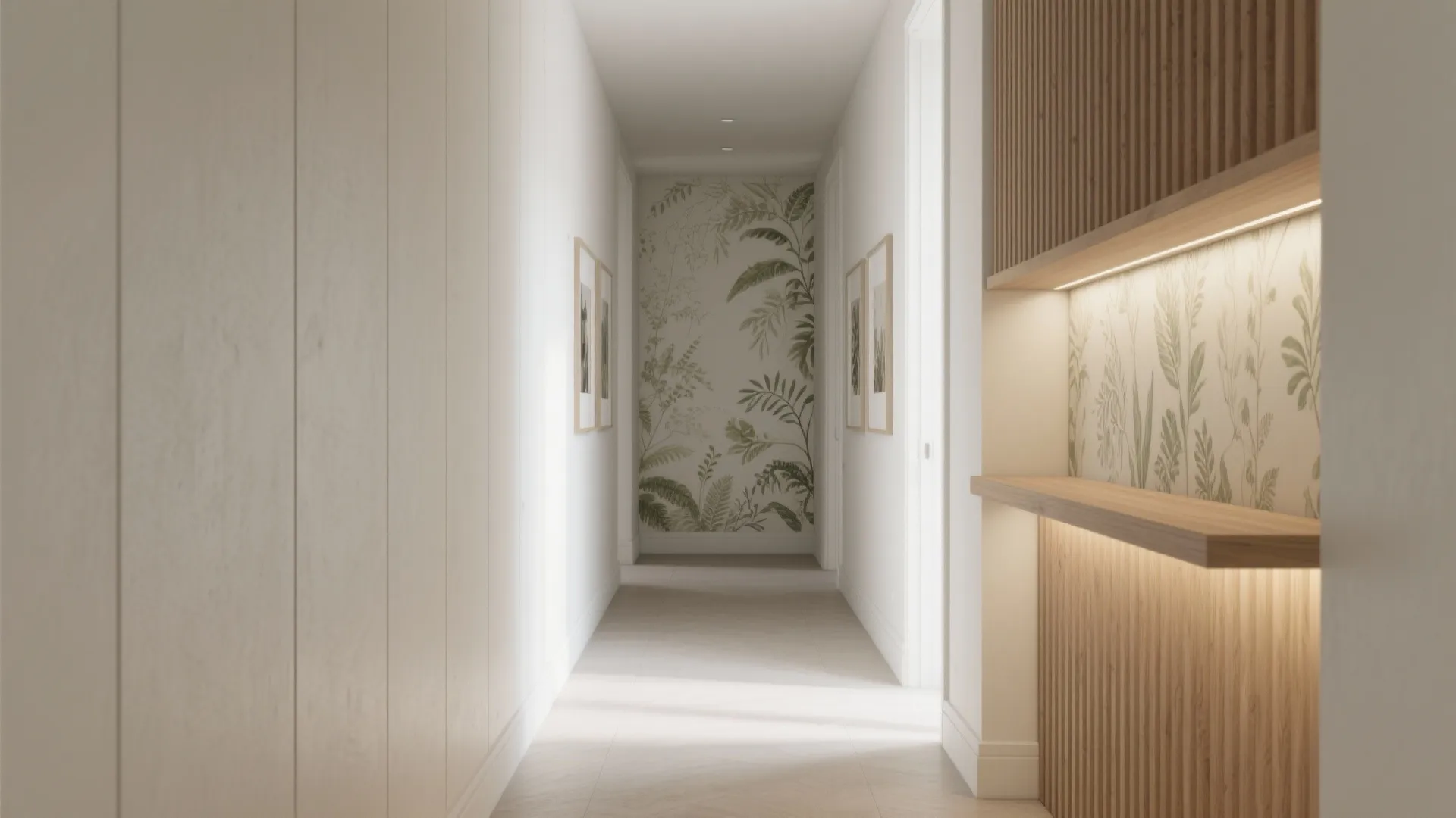 Modern hallway with white wall panel wood shelf green leaf wallpaper and warm interior light