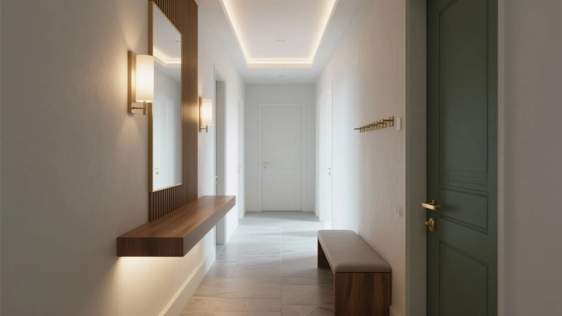 Modern white hallway with wall lights wooden shelf mirror bench and a green entry door