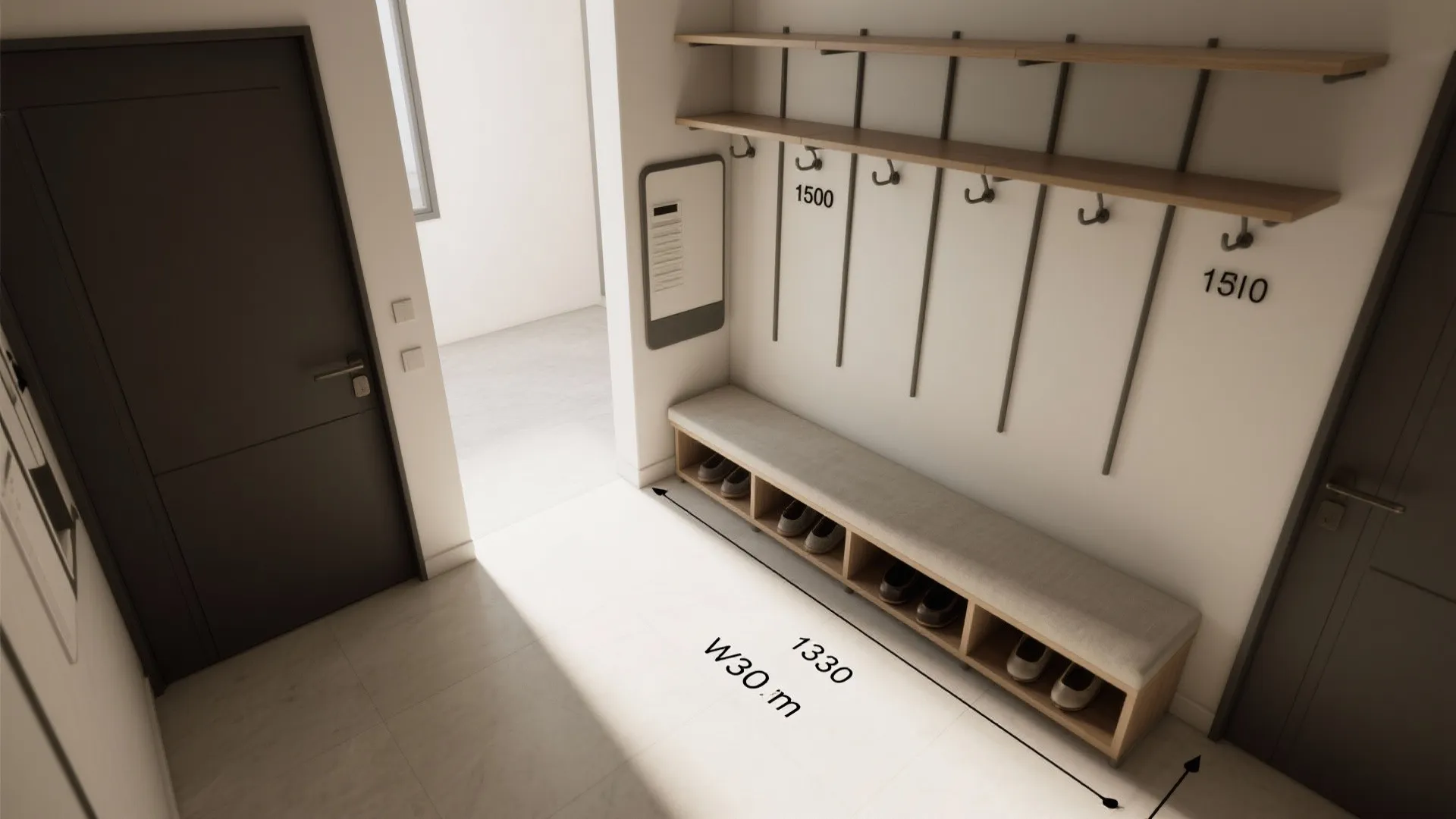 Top-down view of hall bench, hooks, and shelves with clear circulation.