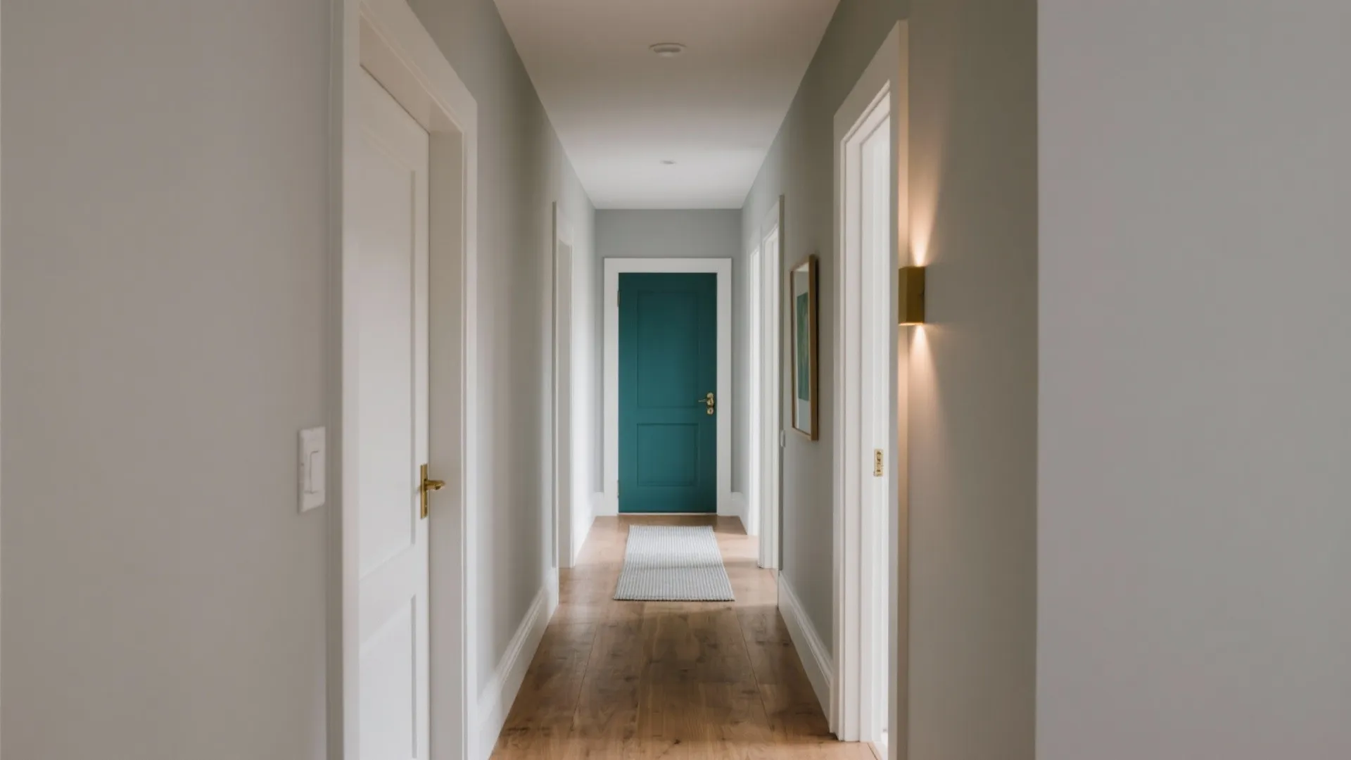 Long hallway with white doors wood flooring small rug wall light and blue door end