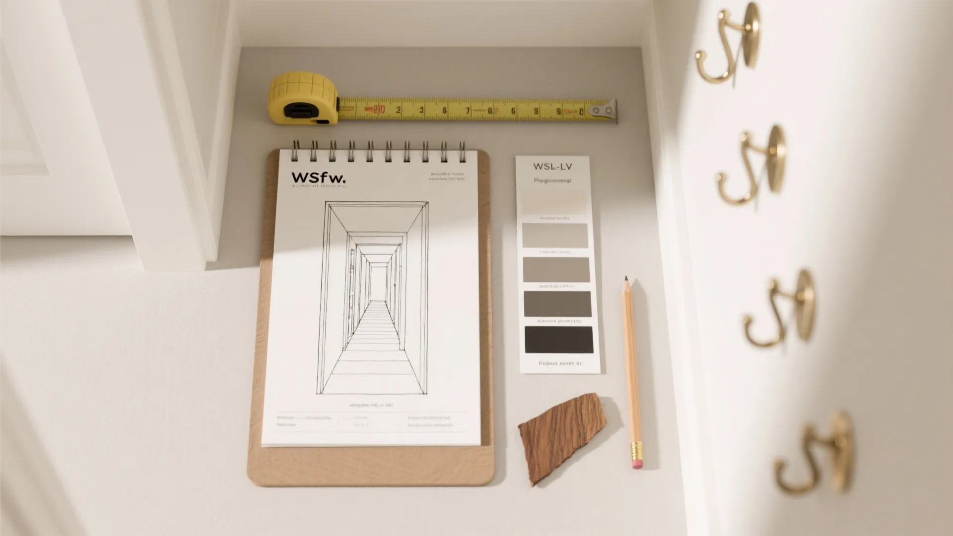 Interior design drawing with measuring tape color samples pencil and wood piece on a desk