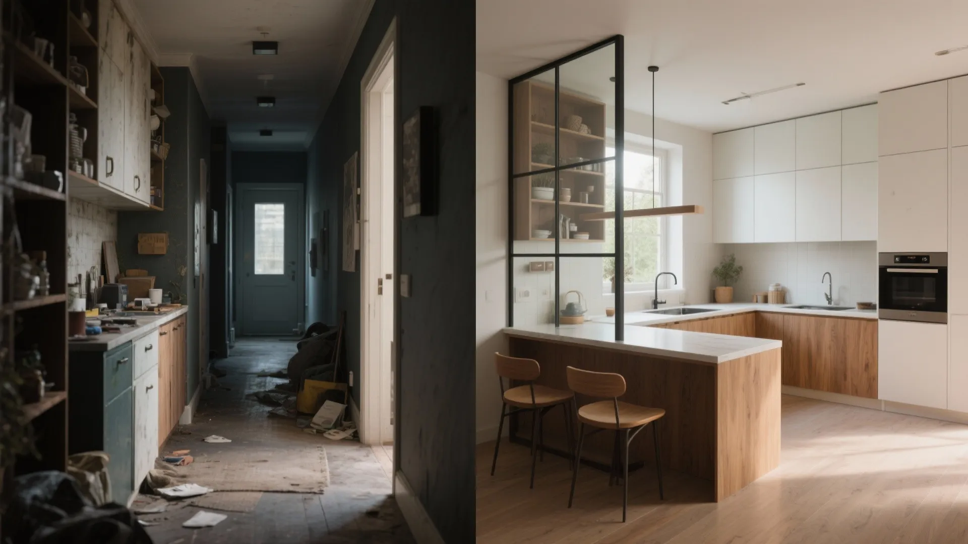 Before and after comparison of a messy dark hallway versus a clean modern bright kitchen