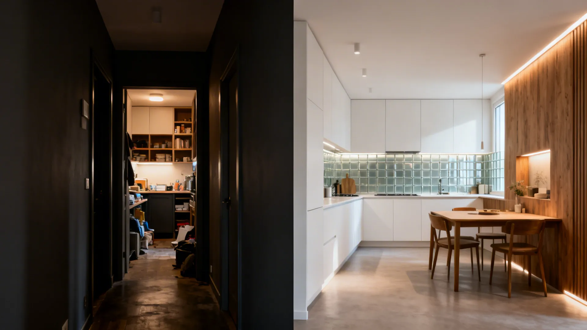 Before and after comparison of dark messy hallway versus bright modern white kitchen with furniture