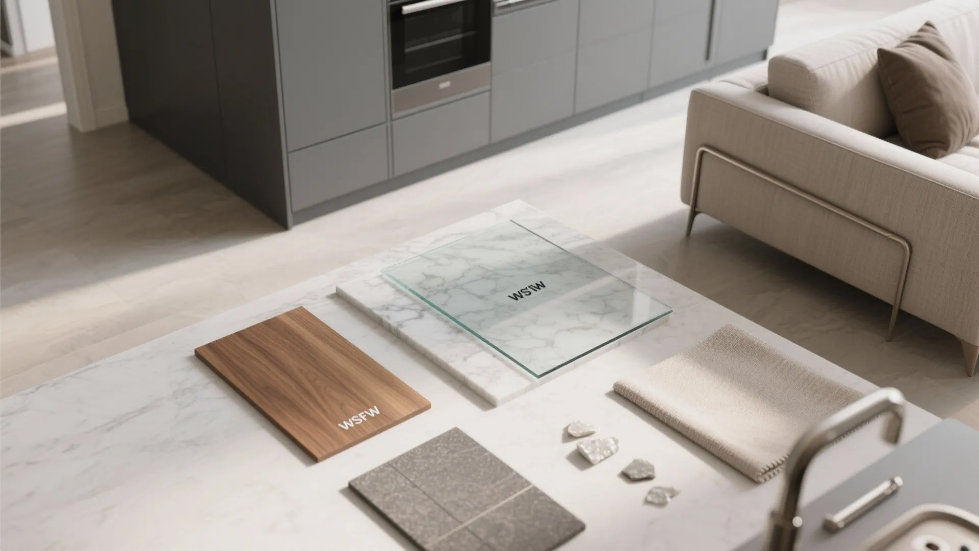 Flatlay of low-iron glass, matte grey fronts, oak veneer, quartz, and brushed hardware.