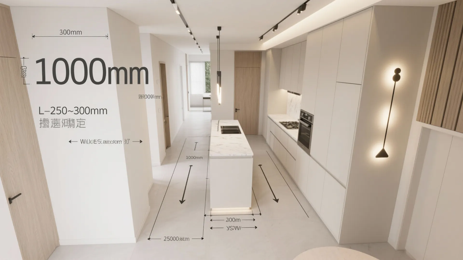 Top-down planning visual showing clearances, peninsula overhang, and L-shaped layout options.