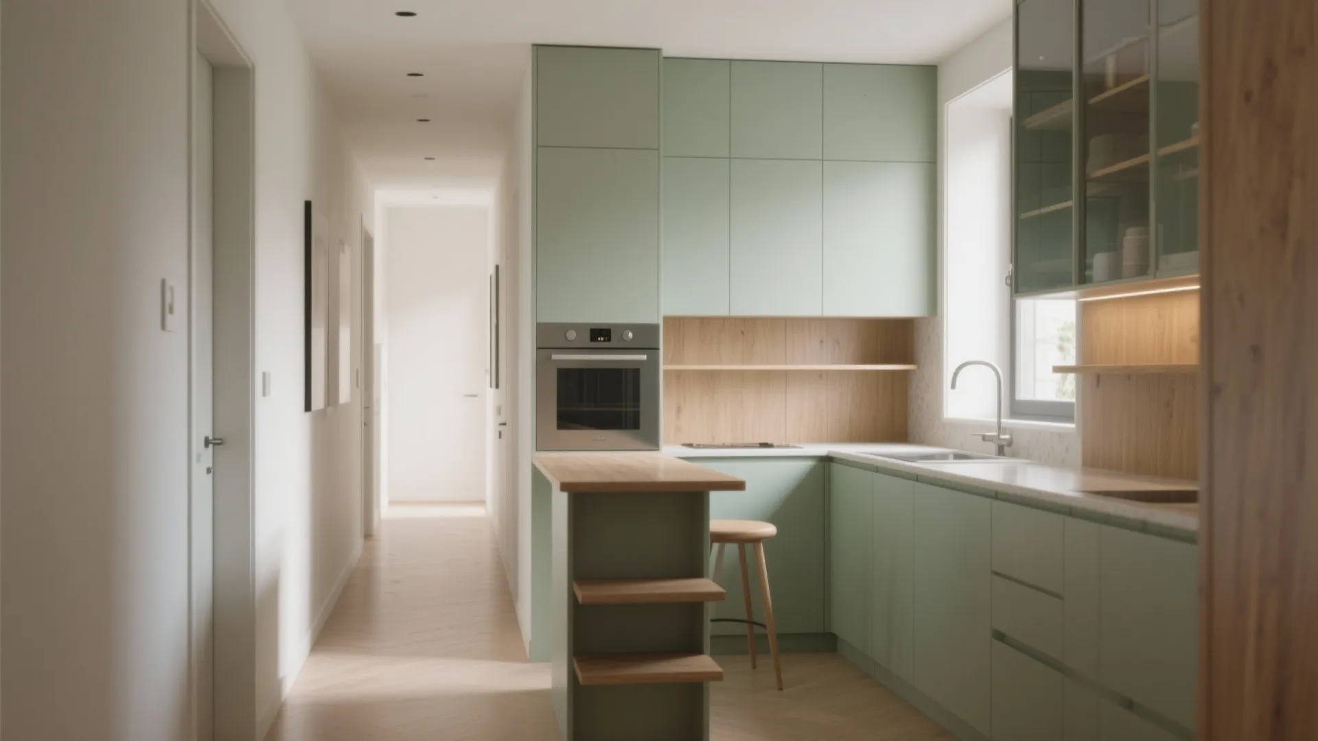 Modern kitchen featuring light green cabinets wood counters small breakfast bar stool and long hallway