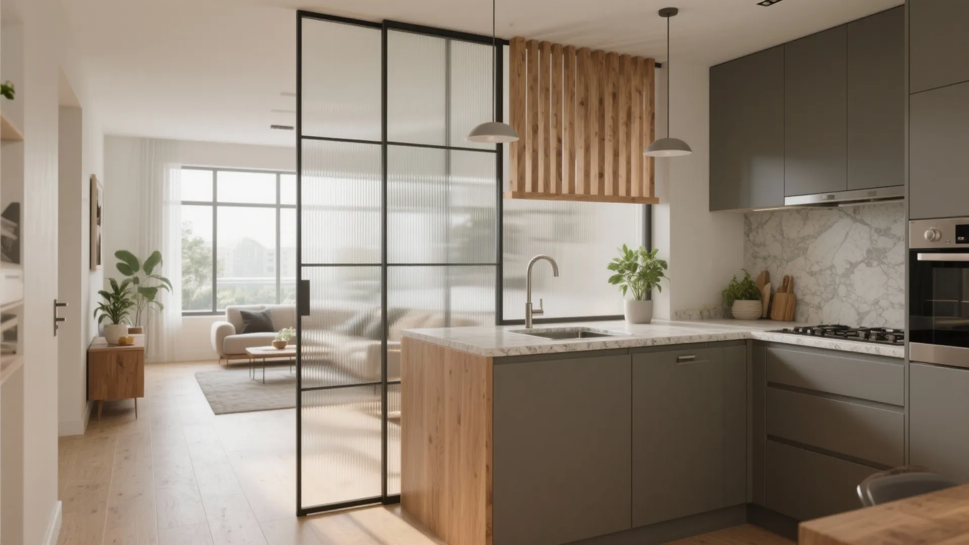 Modern open plan kitchen and living room separated by a black frame glass sliding door