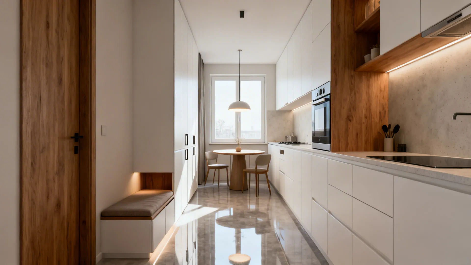 Modern white kitchen and hallway with wood accents a round dining table and a window