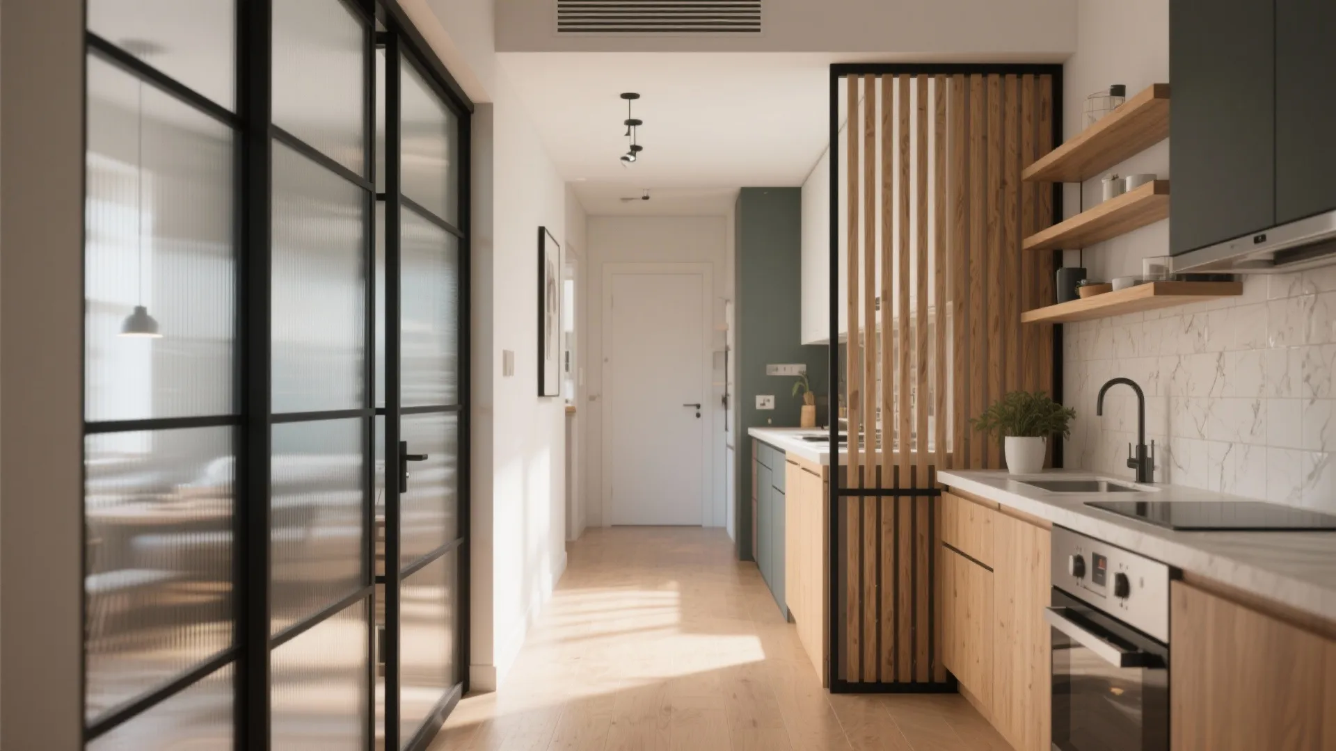 Modern hallway featuring glass sliding doors and a wooden slat partition leading into a bright kitchen