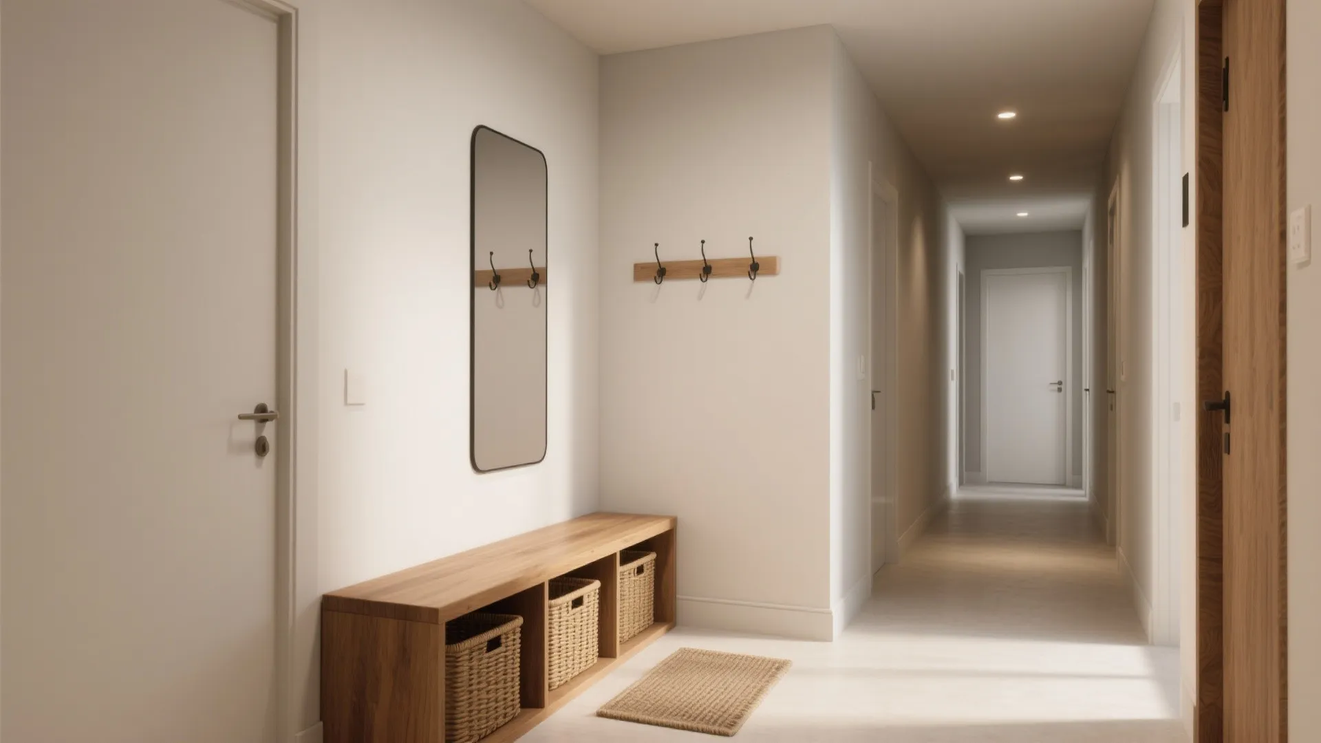 Modern white hallway featuring a wooden bench with woven baskets a tall mirror and hooks