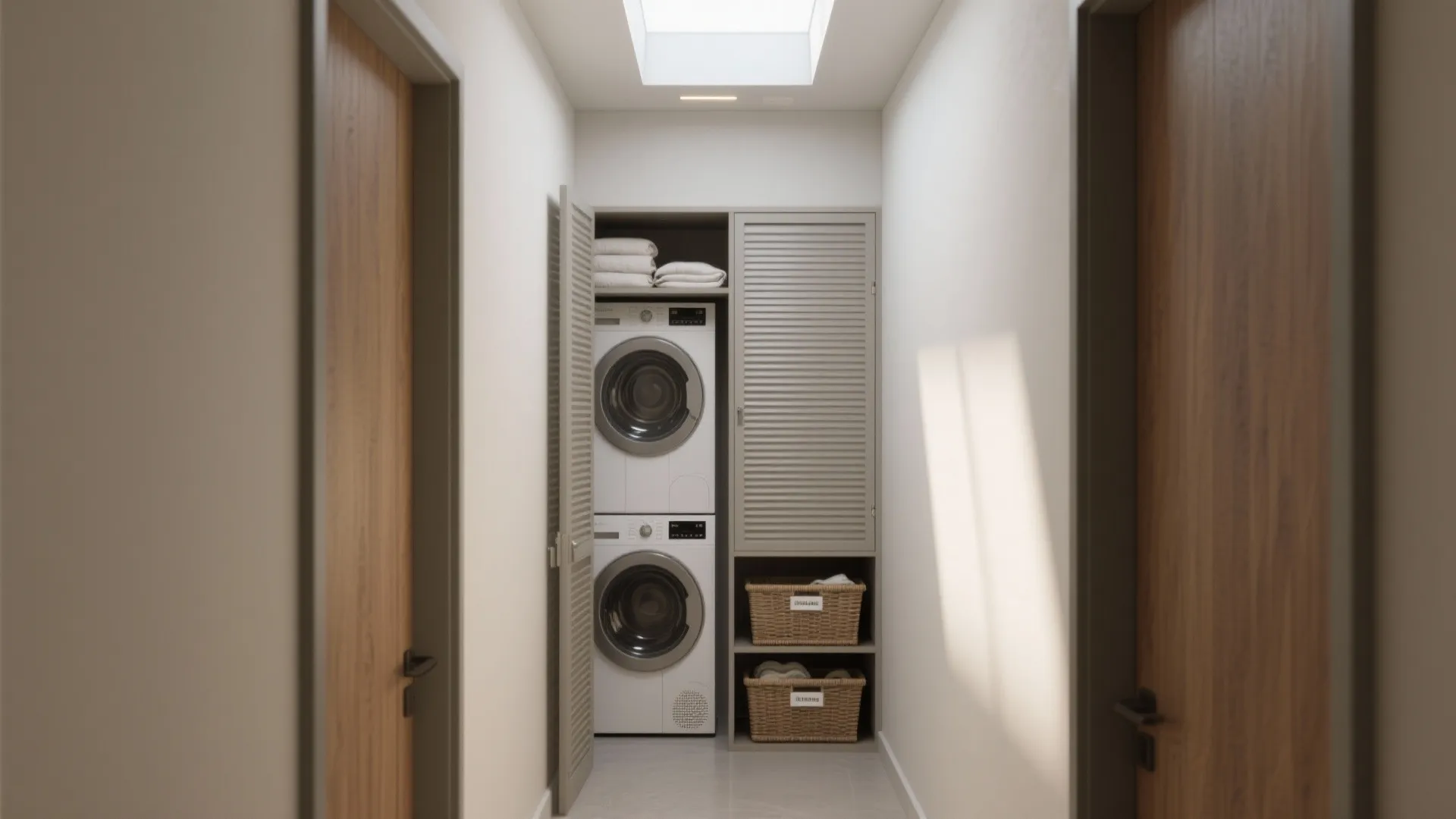 Narrow hallway laundry area with stacked washing machine dryer under a roof window with light