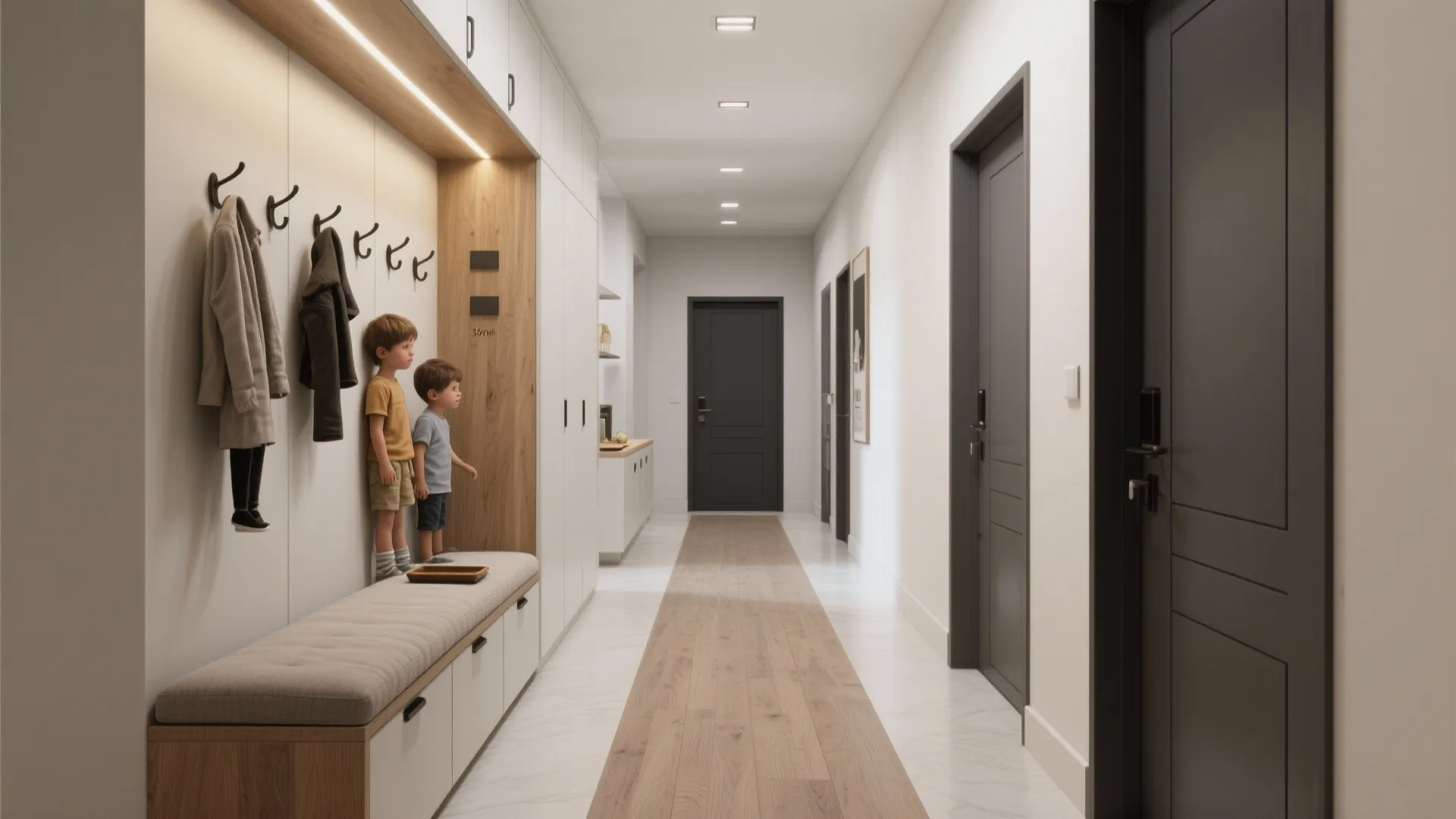 Modern hallway with built-in storage bench coat hooks white cabinets wood flooring and two children